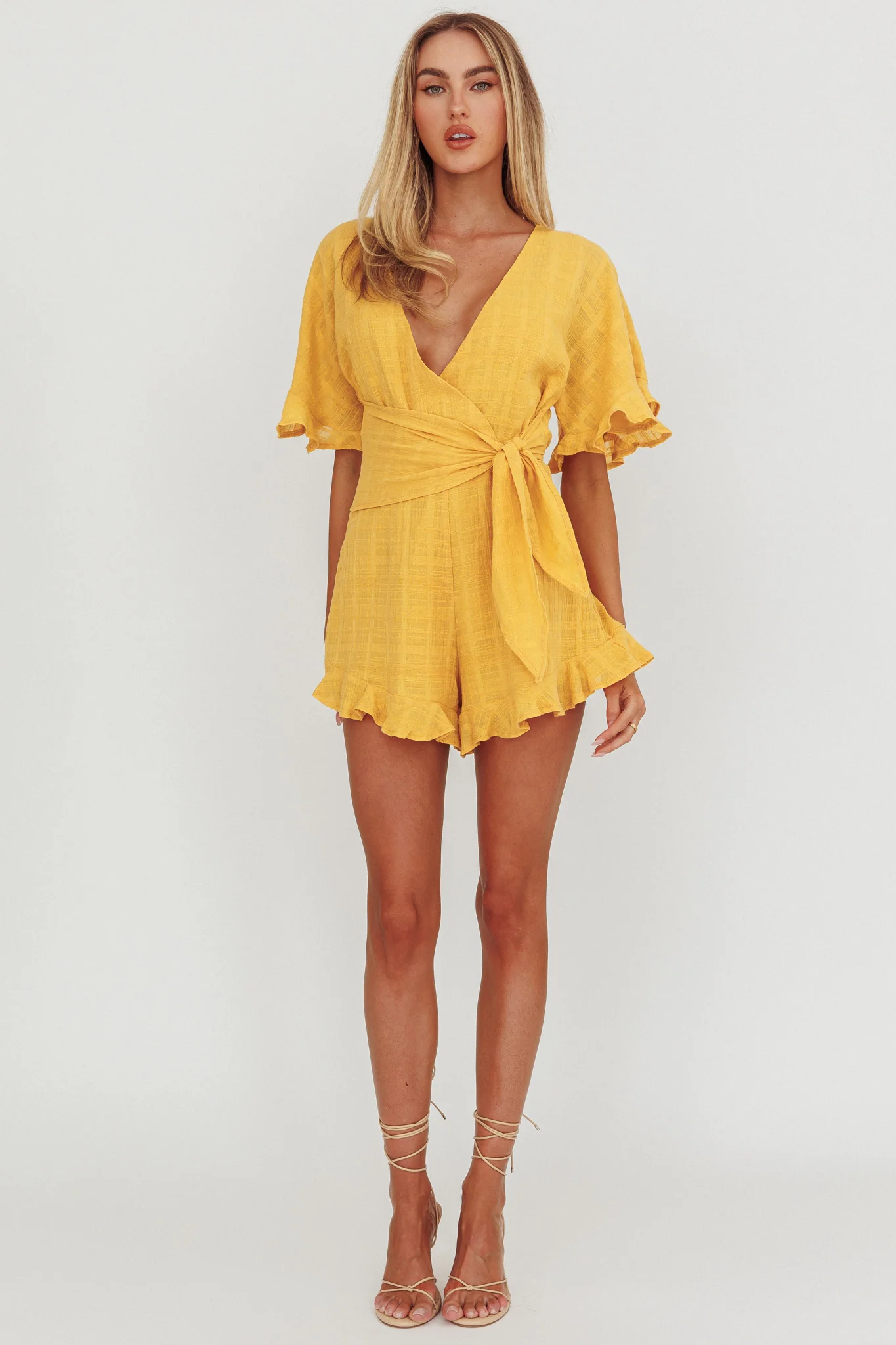 Karin Frill Trim Waist Tie Romper Mustard - Image 3