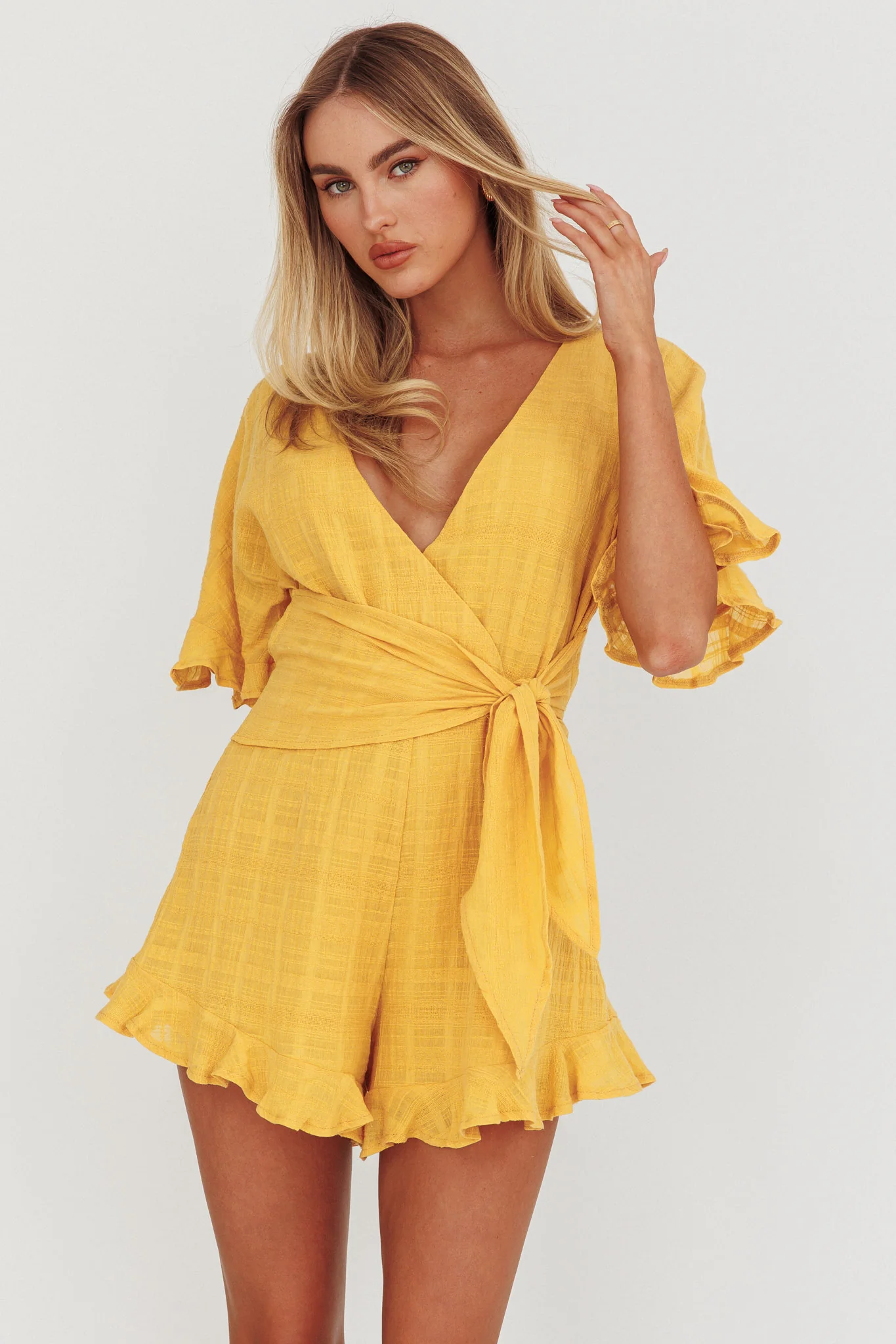 Karin Frill Trim Waist Tie Romper Mustard - Image 4