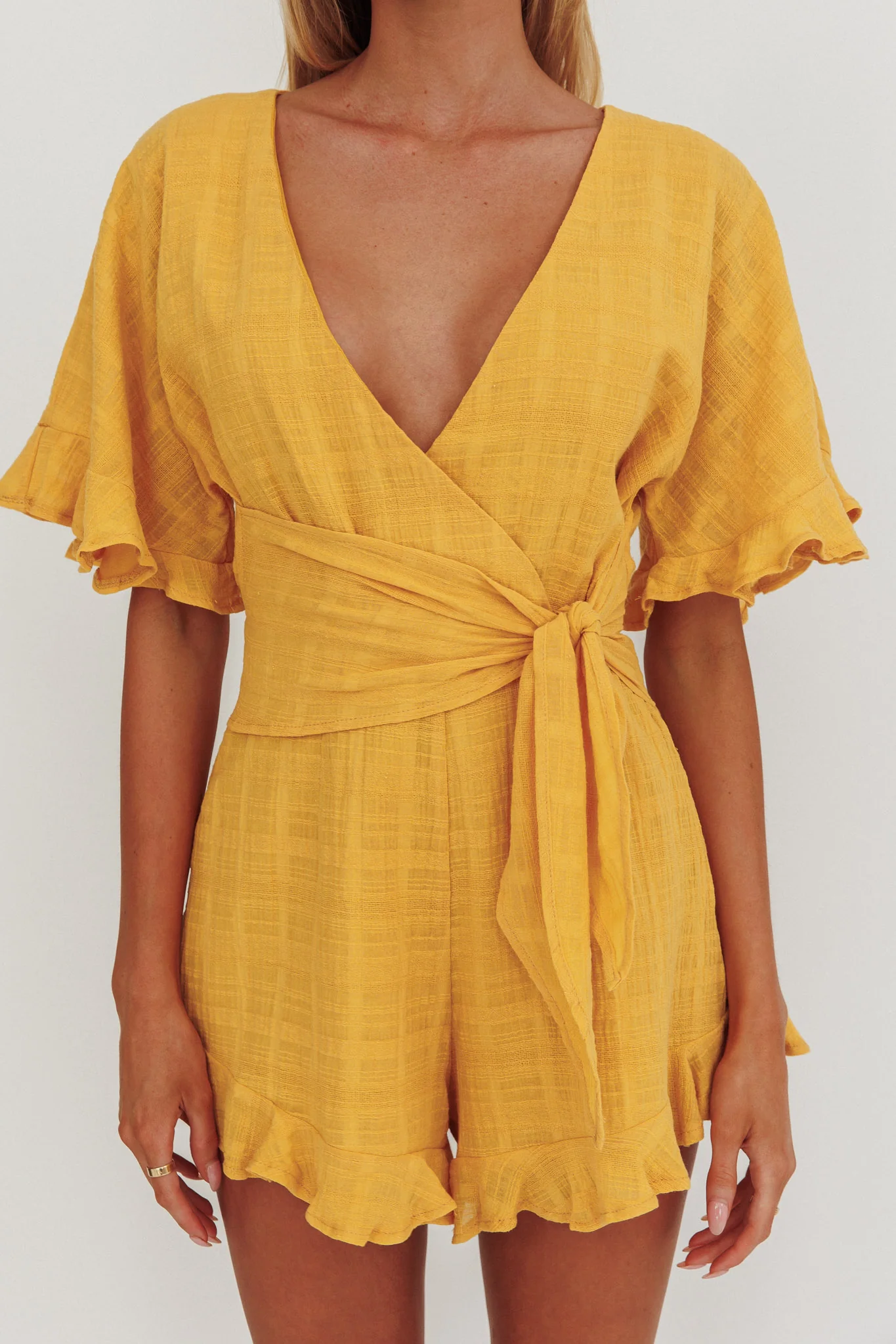 Karin Frill Trim Waist Tie Romper Mustard - Image 5