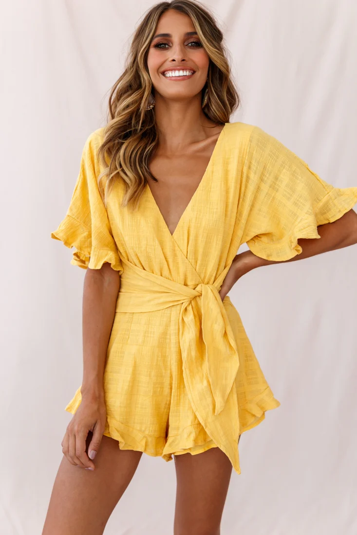 Karin Frill Trim Waist Tie Romper Mustard - Image 6
