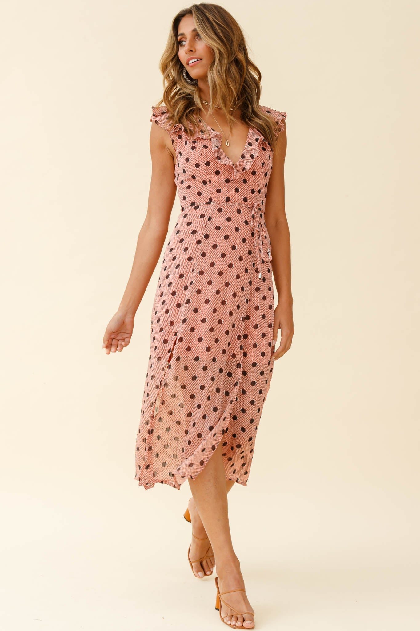 Karina Frill Neckline Midi Dress Polka Dot Print Rust - Image 2