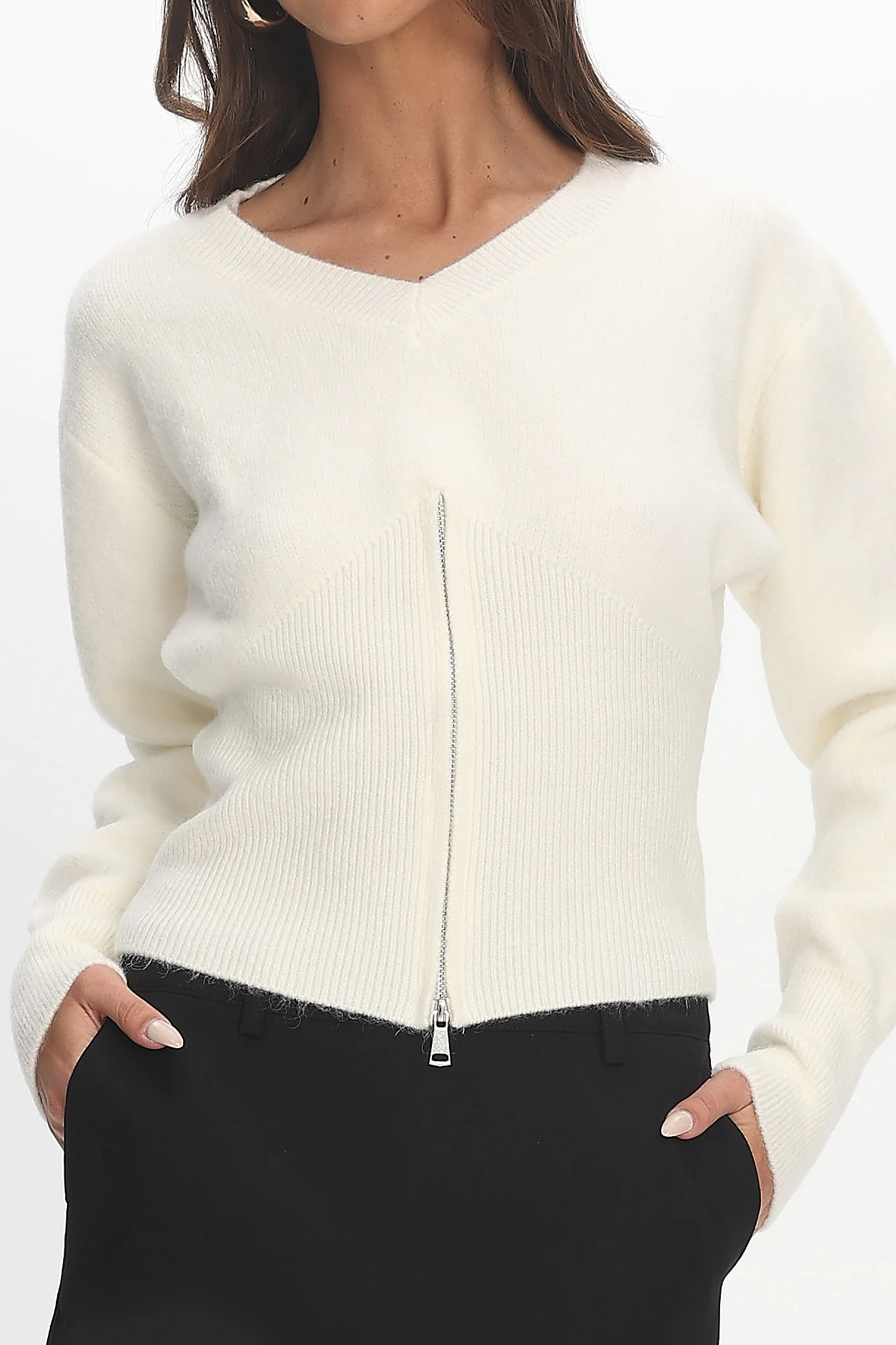Karisa Zipper Hem Knit Top Cream - Image 4