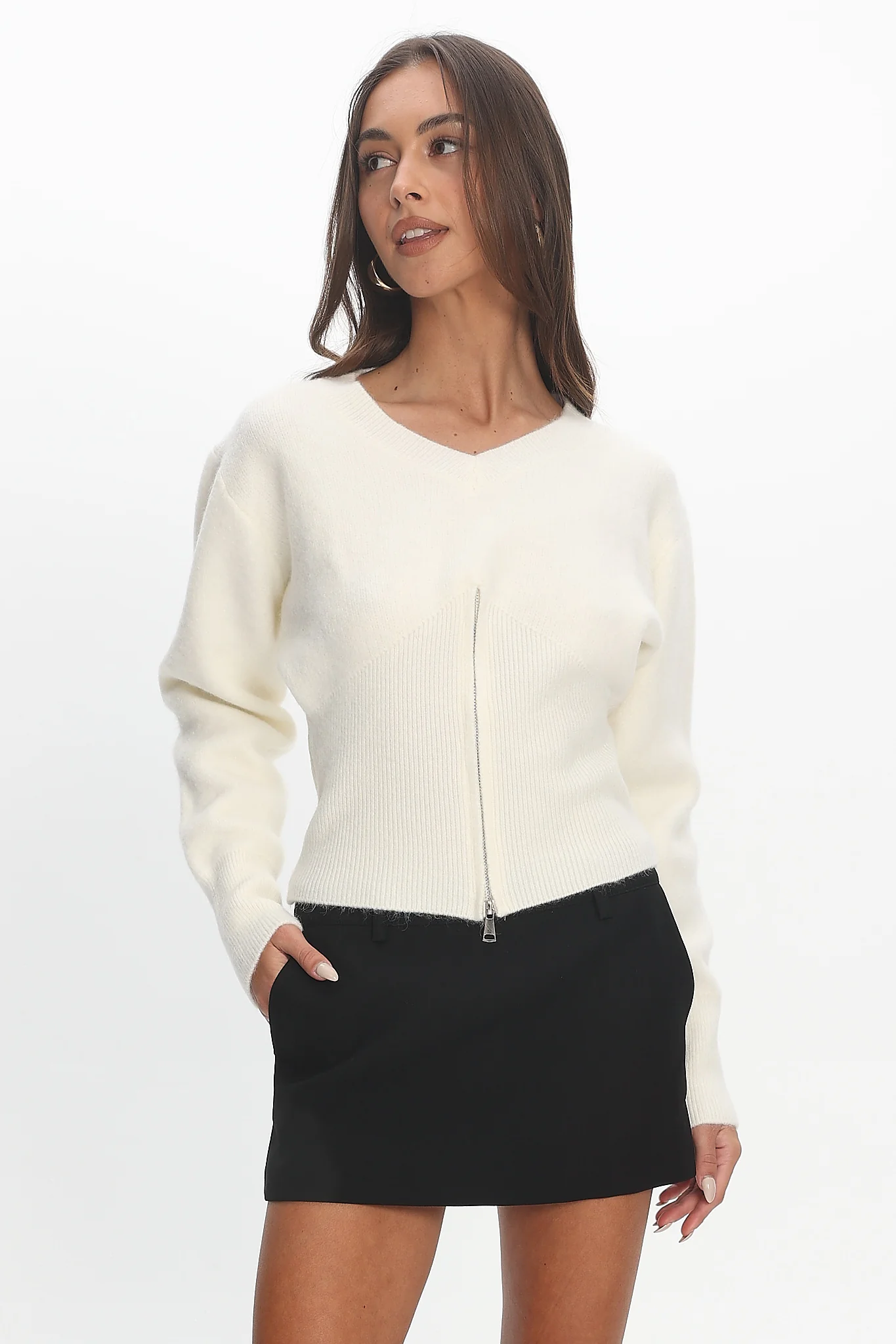 Karisa Zipper Hem Knit Top Cream - Image 5