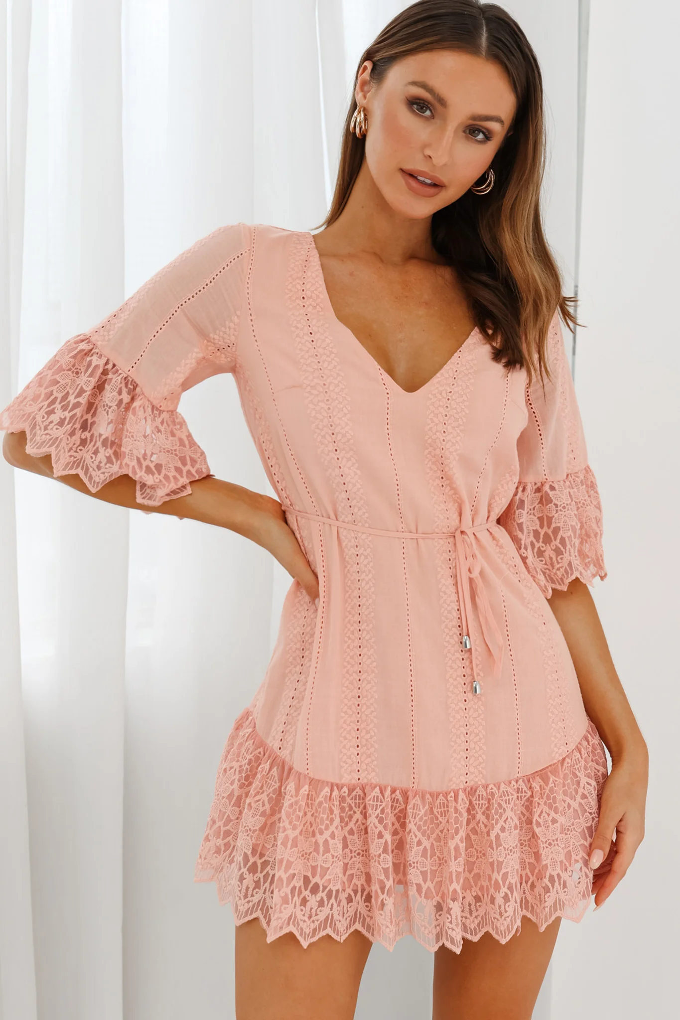 Karissa Lace Trim Waist Tie Tunic Dress Blush - Image 5