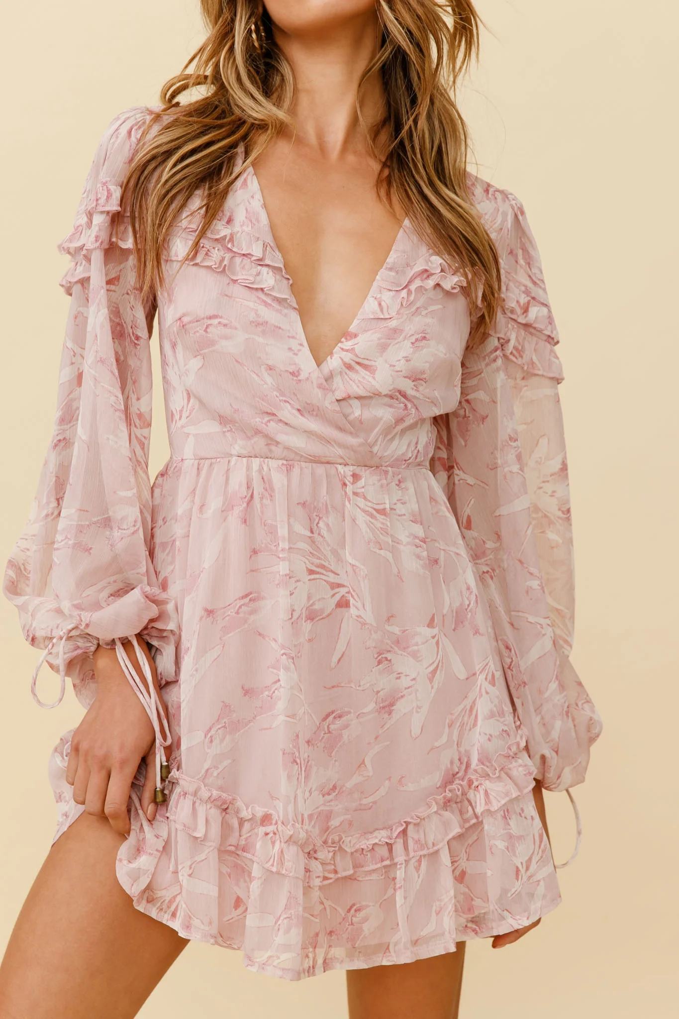 Katelyn Long Balloon Sleeve Frill Accent Dress Floral Print Pink - Image 4