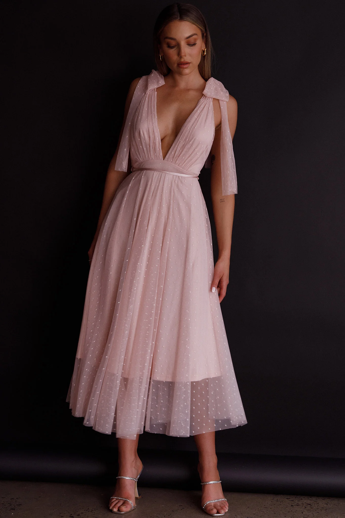 Kathryn Tied Shoulder Mesh Midi Dress Blush - Image 3