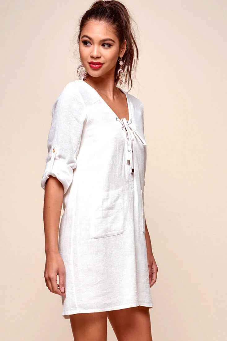 Katie Lace-Up Front Casual Dress White - Image 5