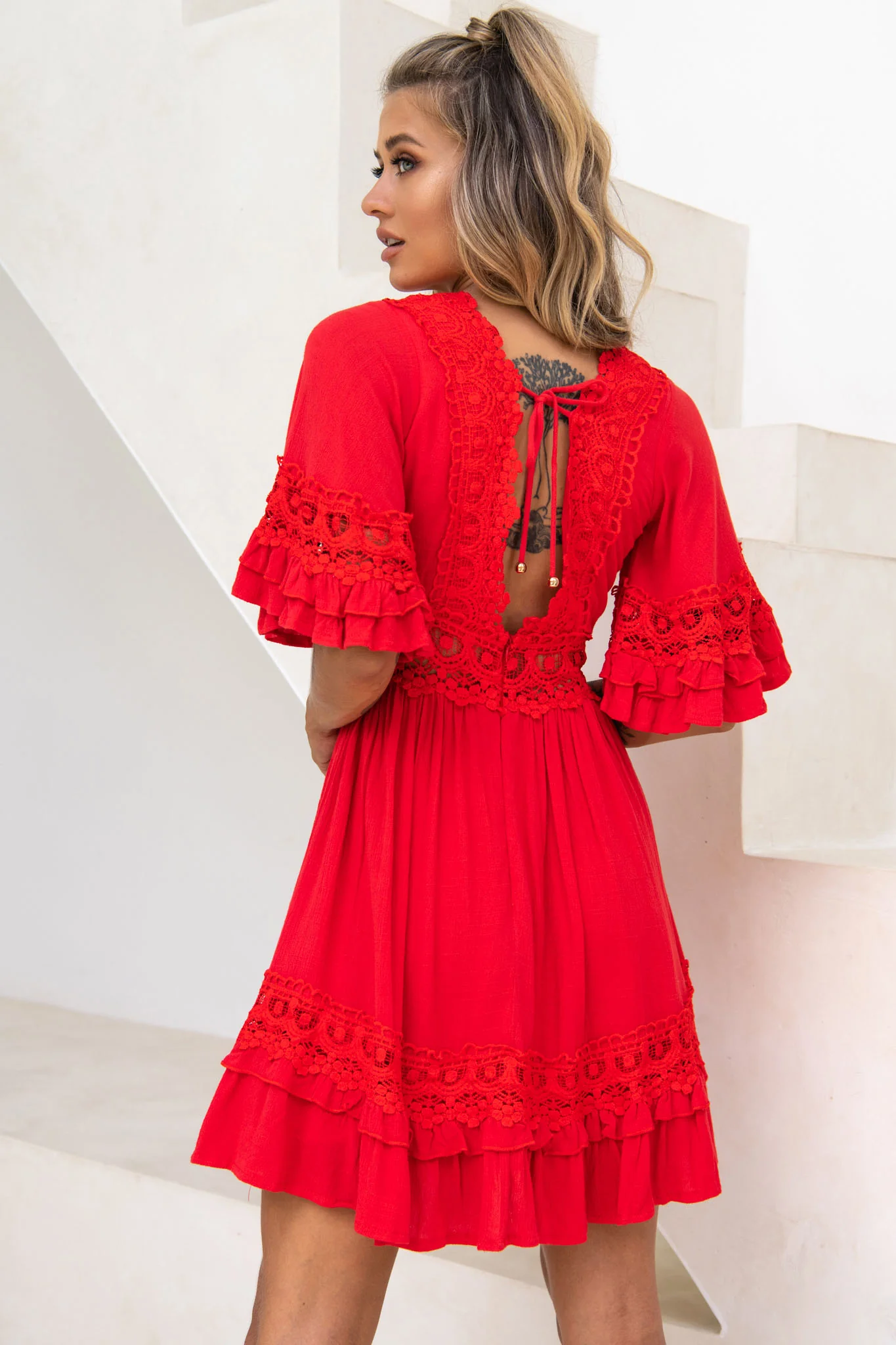 Kauai V-Neckline Crochet Lace Trim Dress Red - Image 2