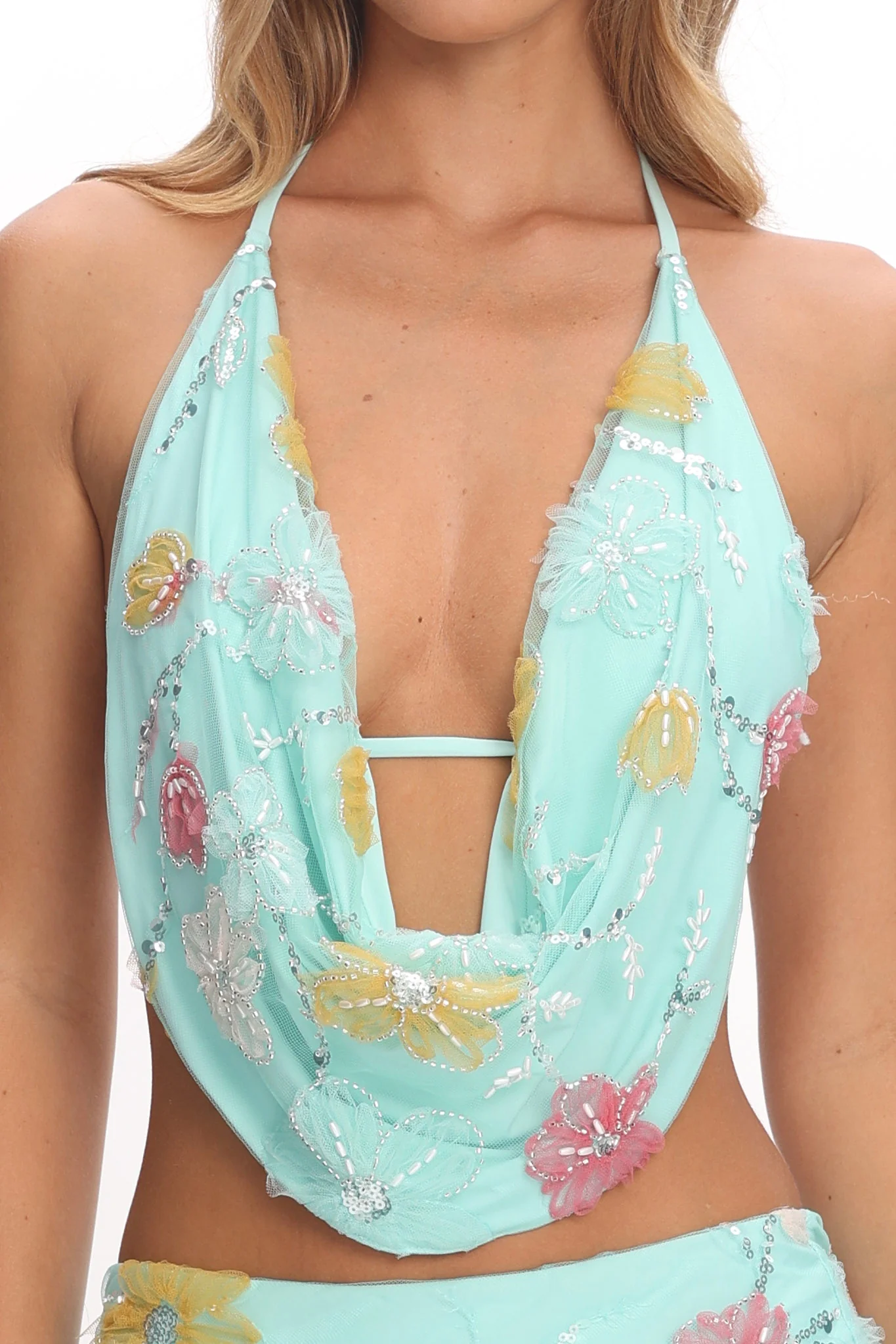 Kavera Cowl Halter Top Floral Sequin Aqua - Image 3