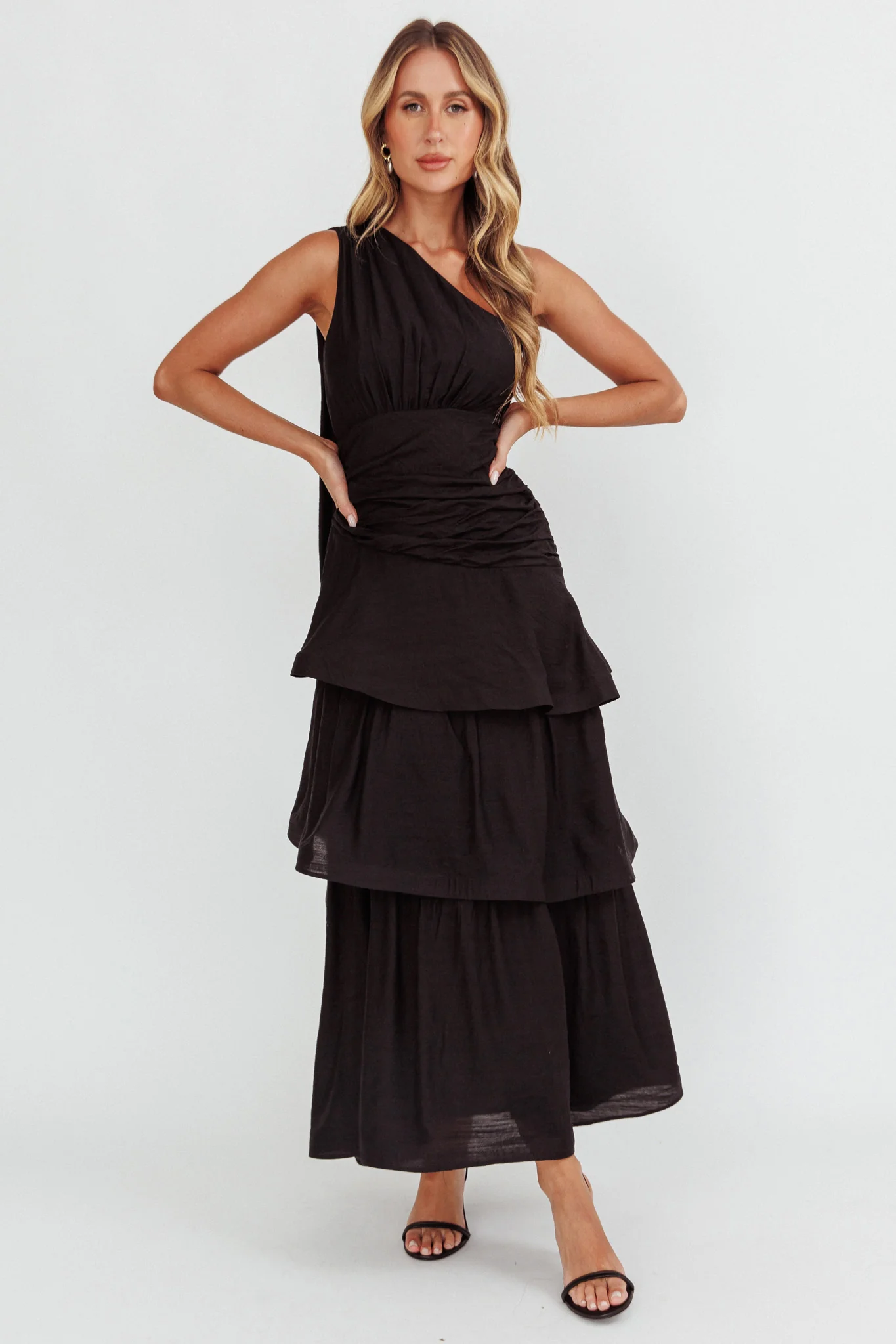 Kenny One Shoulder Tiered Maxi Dress Solid Black - Image 3