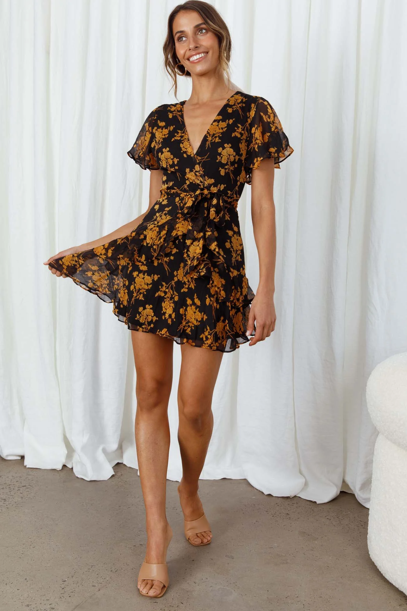 Kerry Layered Angel Sleeve Dress Black/Orange Flower - Image 2