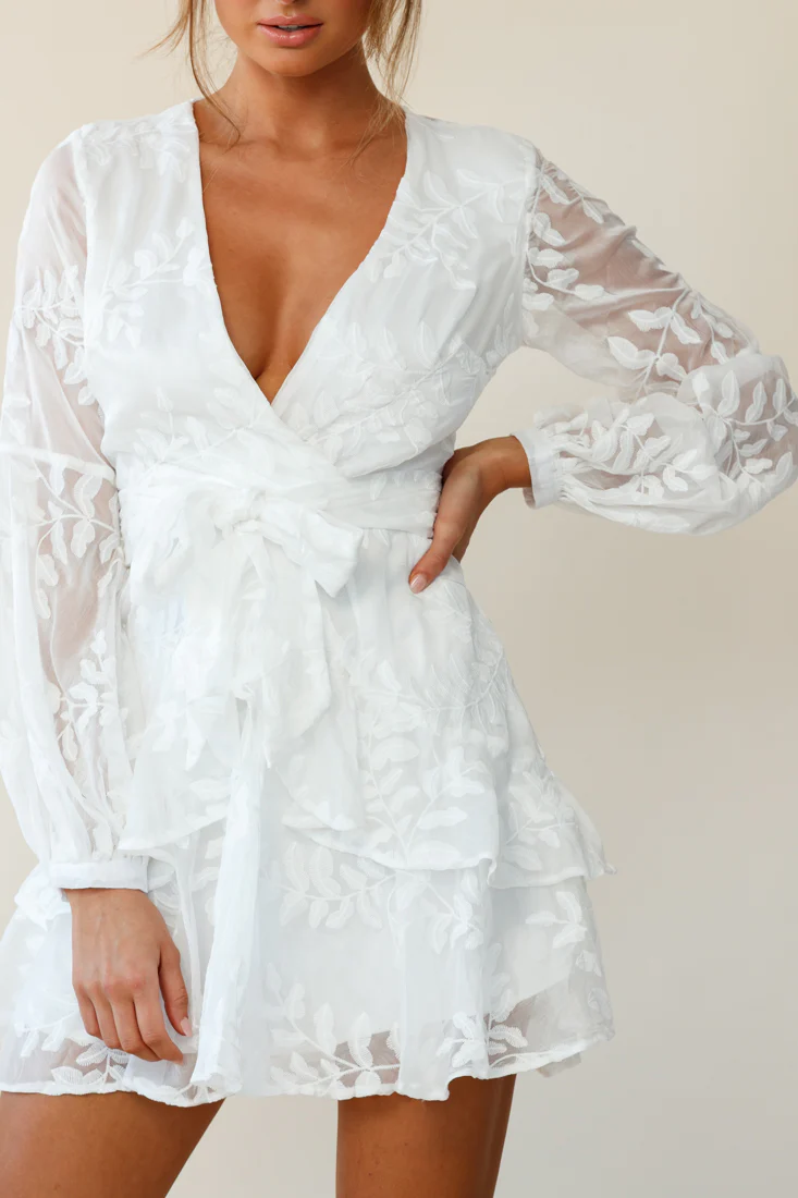 Kerry Layered Balloon Sleeve Dress Floral Embroidered White - Image 5
