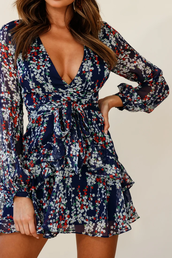 Kerry Layered Balloon Sleeve Dress Floral Vine Print Navy - Image 4