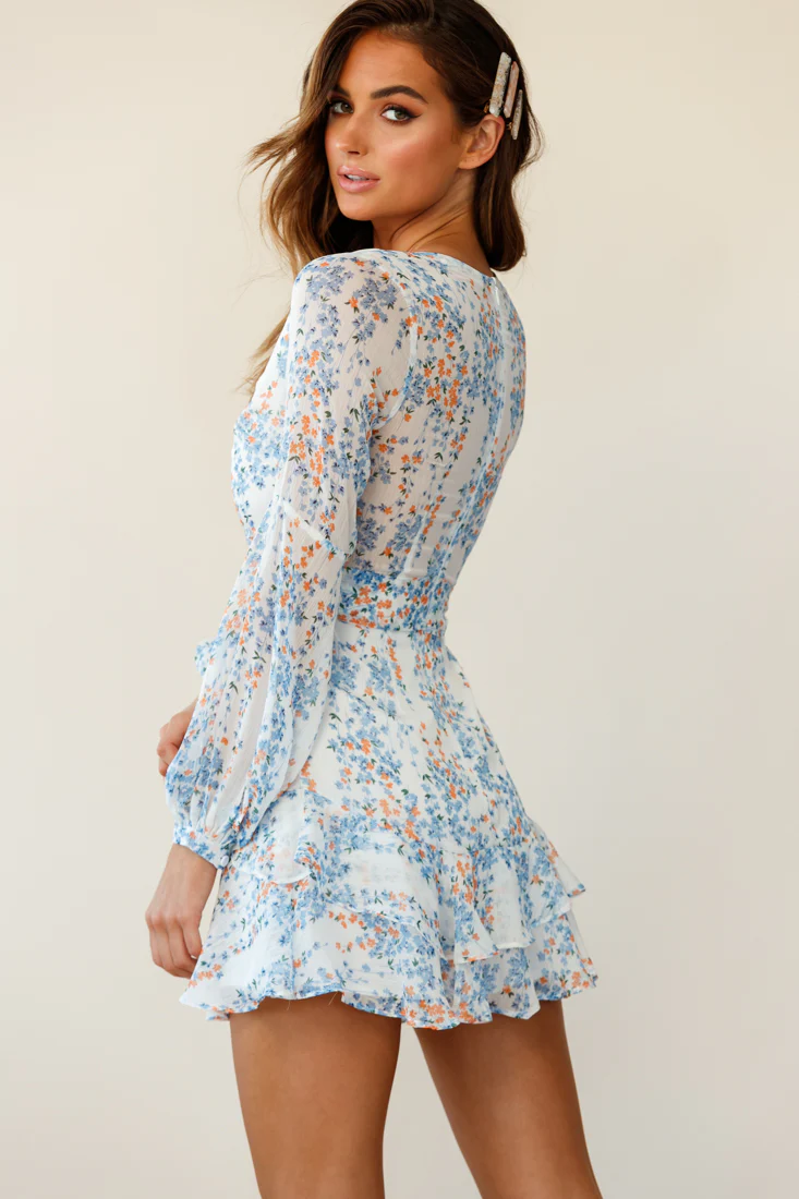Kerry Layered Balloon Sleeve Dress Floral Vine Print White - Image 2