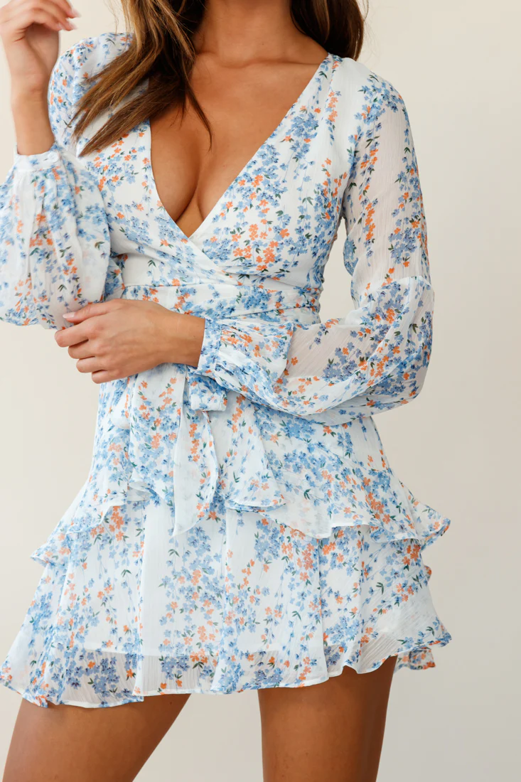 Kerry Layered Balloon Sleeve Dress Floral Vine Print White - Image 5