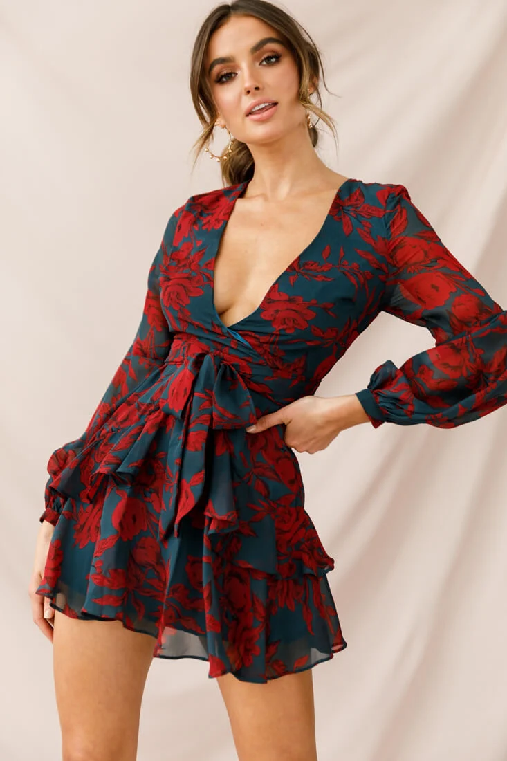 Kerry Layered Balloon Sleeve Dress Forest Green/Red - Image 3