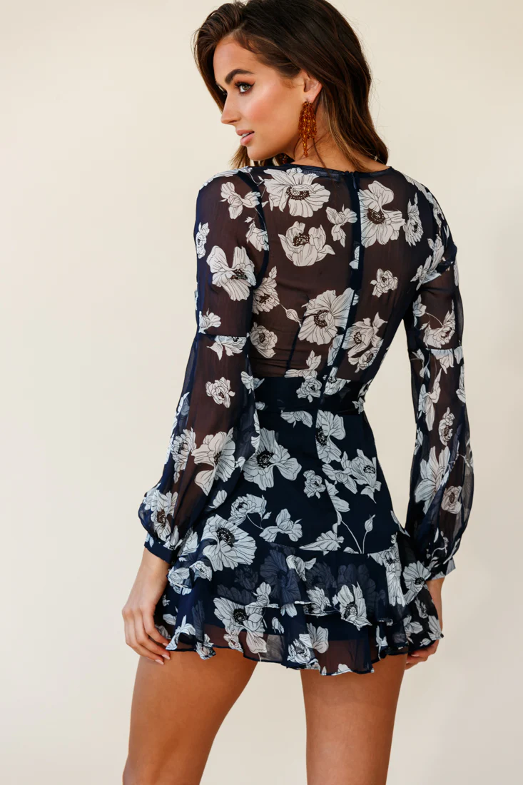 Kerry Layered Balloon Sleeve Dress Poppy Print Navy - Image 2