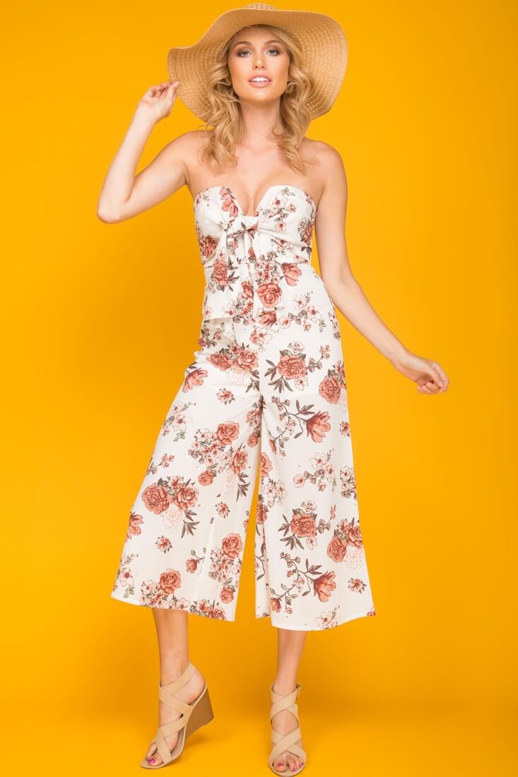 Khloe Floral Summer Bow Tie Jumpsuit White - Image 2