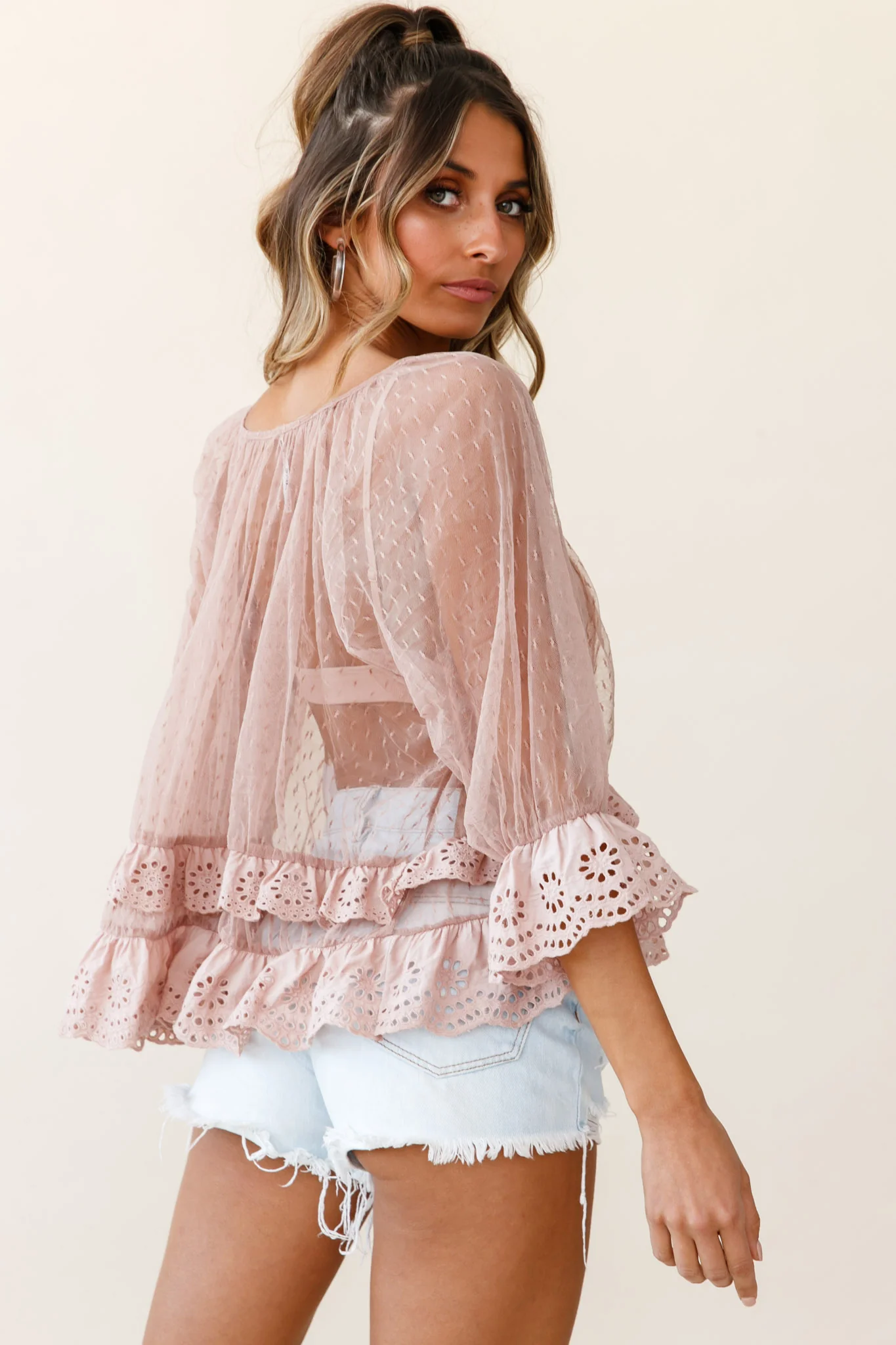 Kiana Adjustable Neckline Tie Hail Spot Mesh Top Mocha - Image 2
