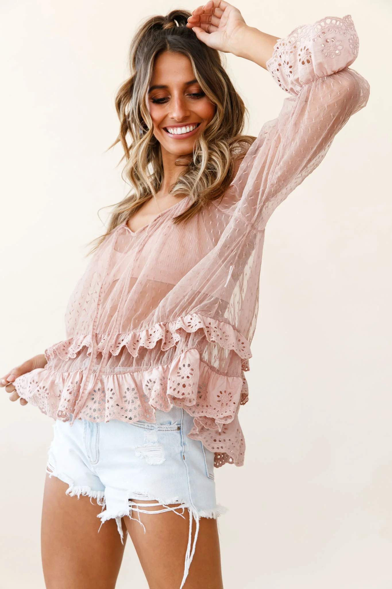 Kiana Adjustable Neckline Tie Hail Spot Mesh Top Mocha - Image 5