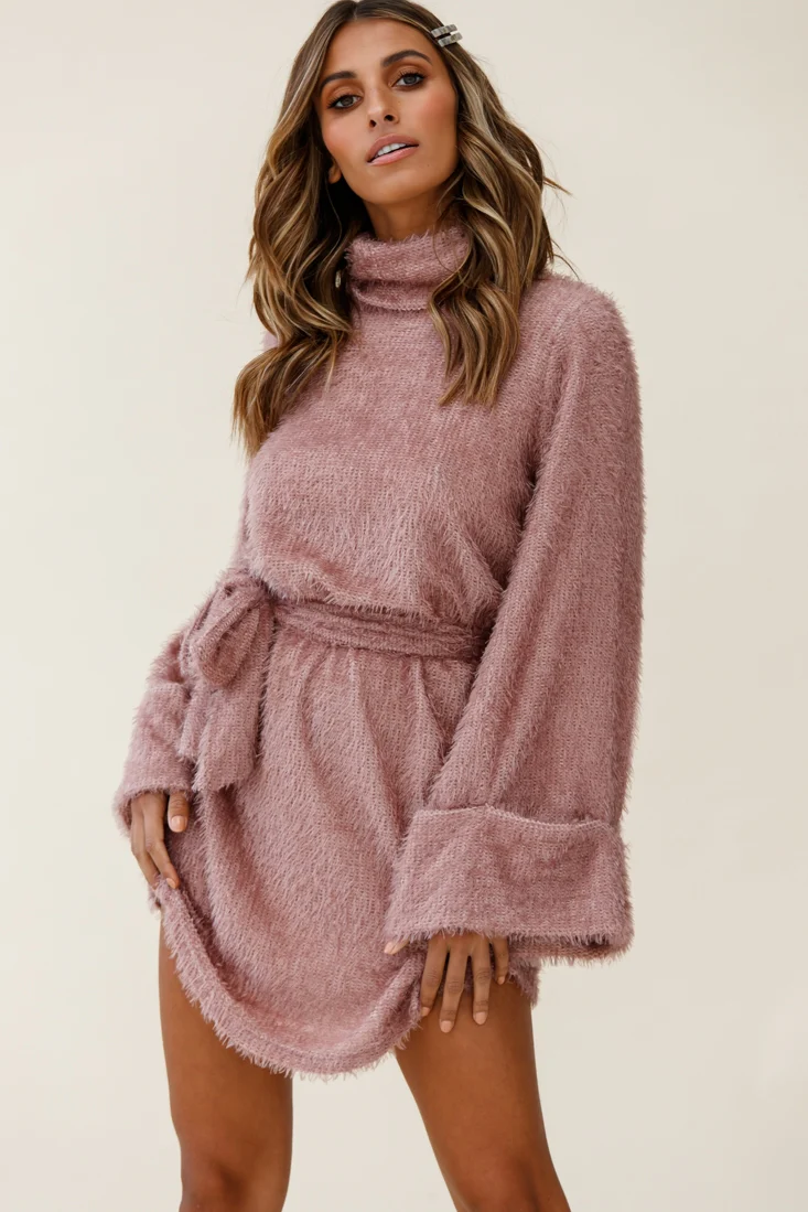 Kiara High Neck Kimono Sleeve Knit Dress Blush - Image 3
