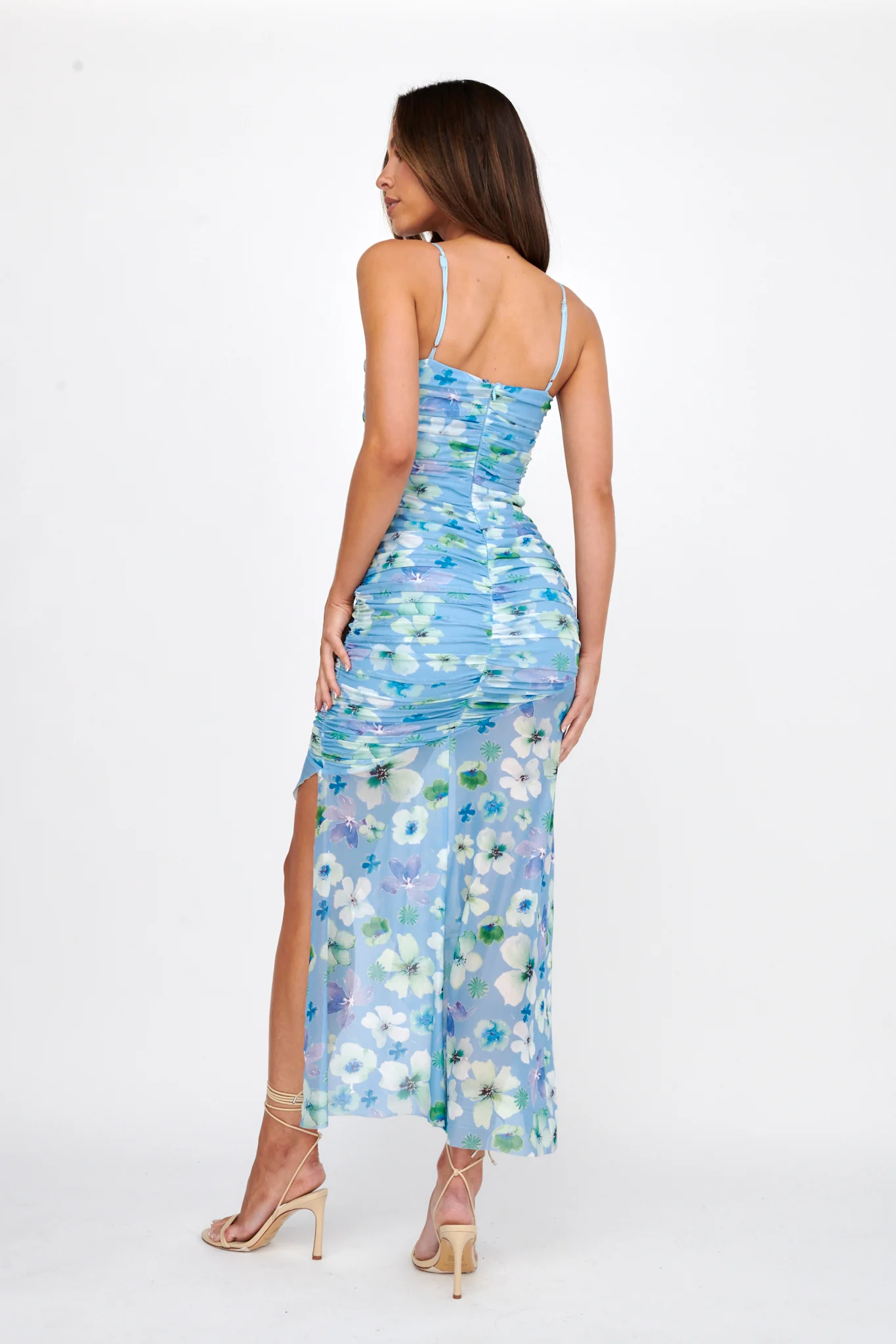 Kindred Soul Ruched Mesh Midi Dress Floral Blue - Image 3