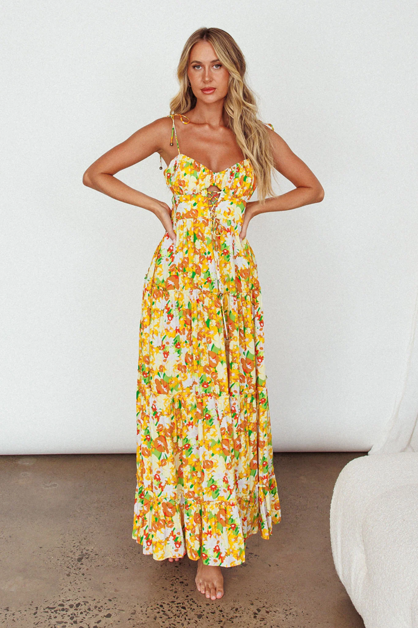 Kinlee Lace-Up Bodice Maxi Dress Floral Orange - Image 7
