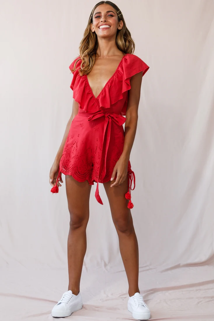 Kipper V-Neck Scalloped Romper Red - Image 5