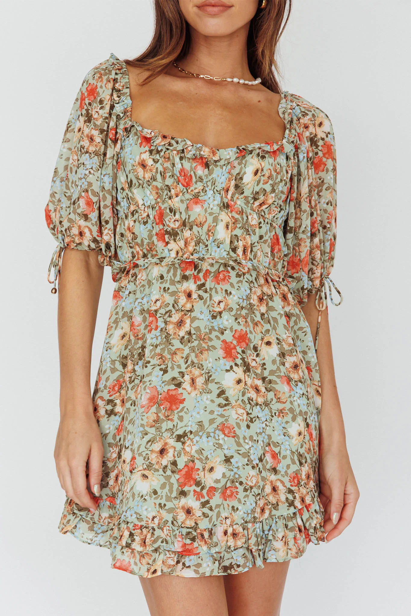 Kirra Puff Sleeve Ruched Bodice Dress Floral Green - Image 4