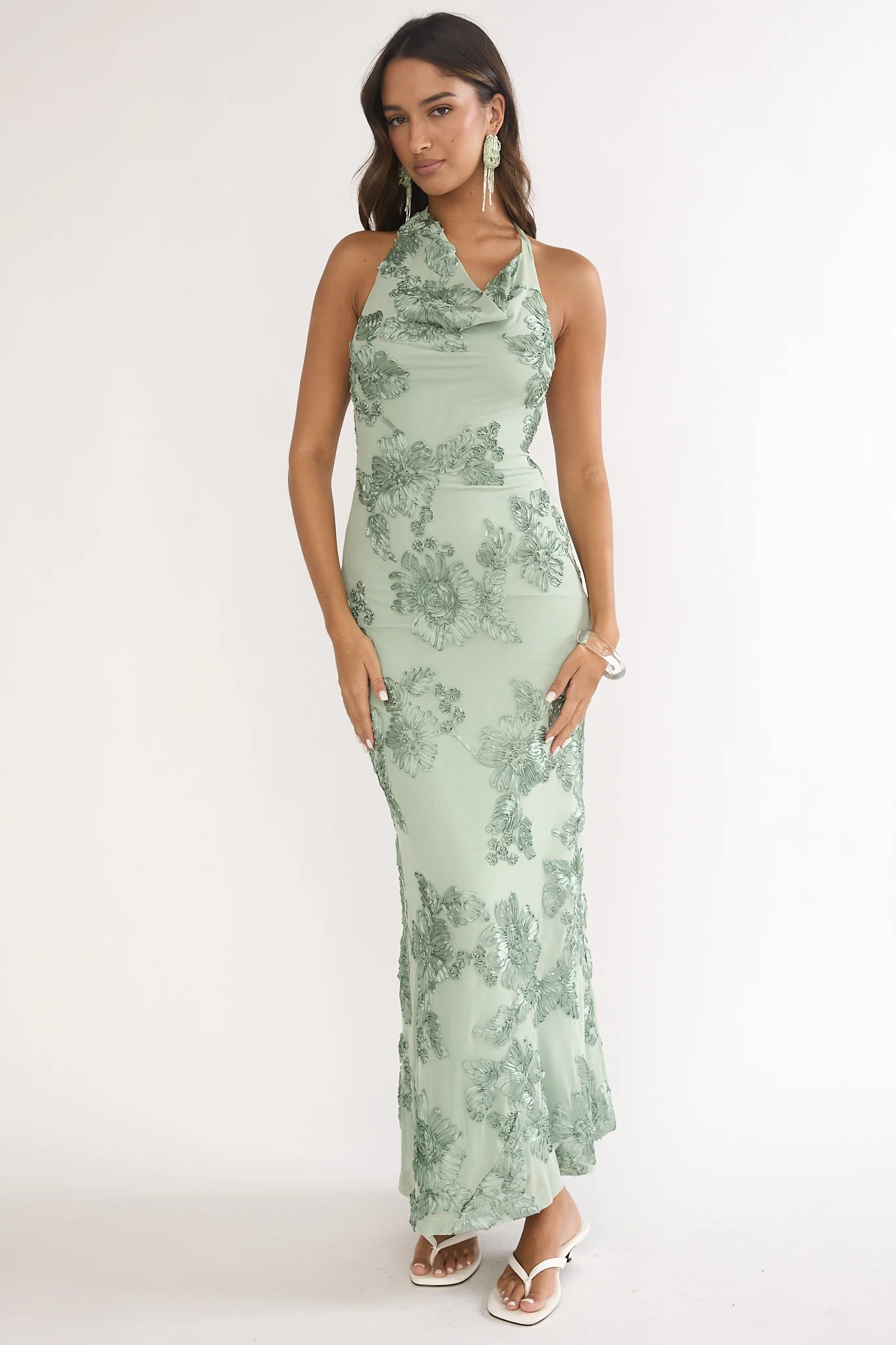 Kirralee Asymmetric Halterneck Embellished Maxi Dress Aqua Green - Image 5