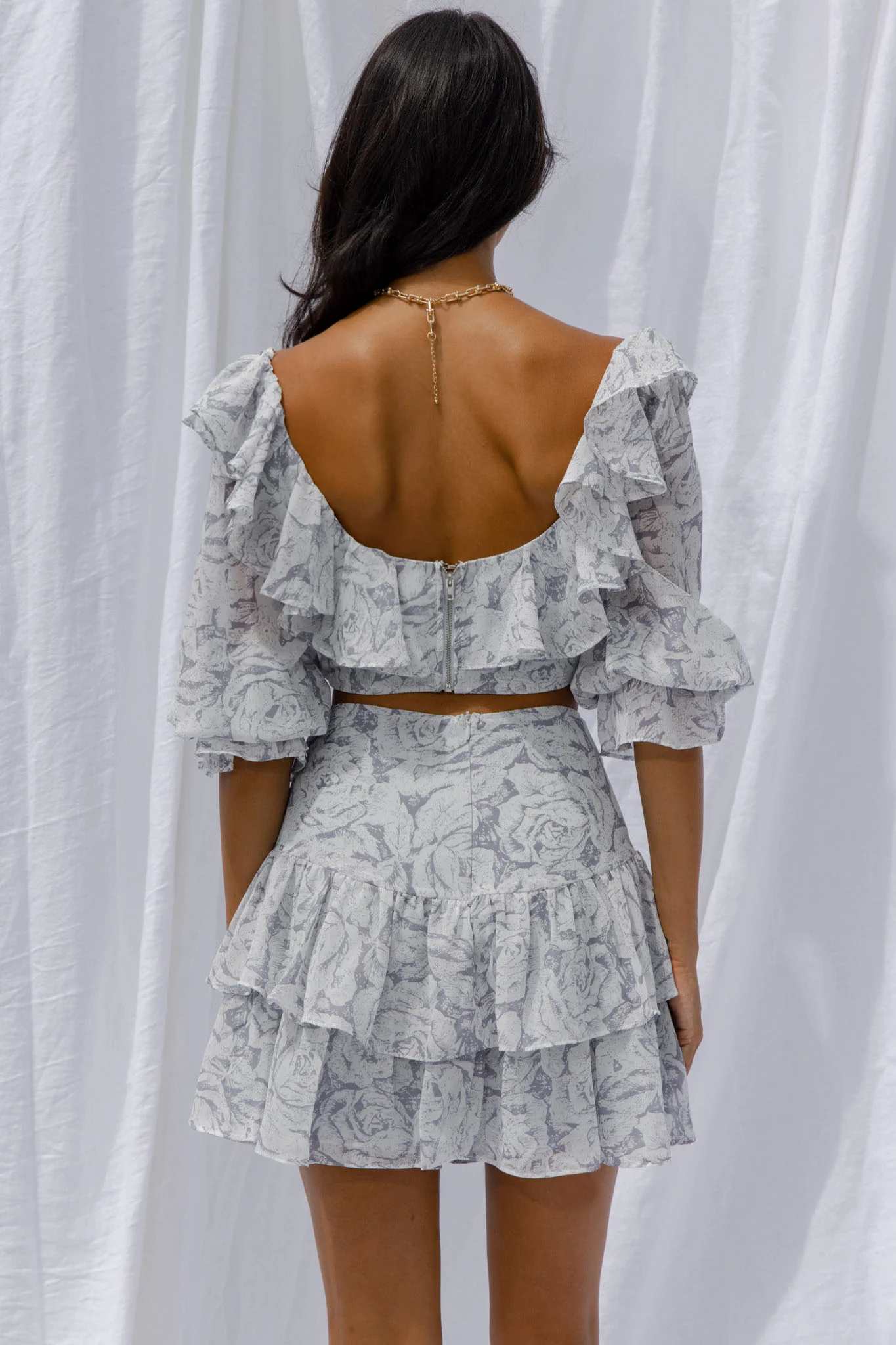 Kiss And Tell Double Layered Flounce Hem Skirt Rose Print Ink - Image 7
