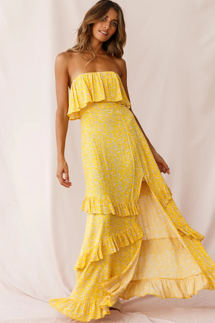 Kiya Layered Bandeau Maxi Dress Leaf Print Mustard - Image 2