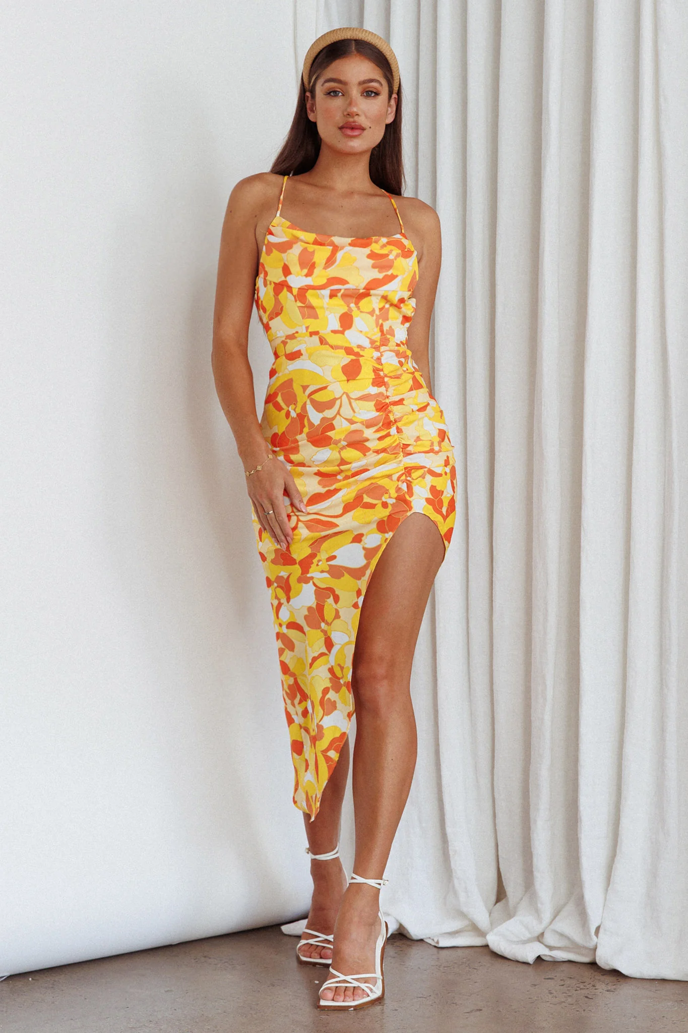 Klara Thigh Split Midi Dress Print Yellow - Image 3