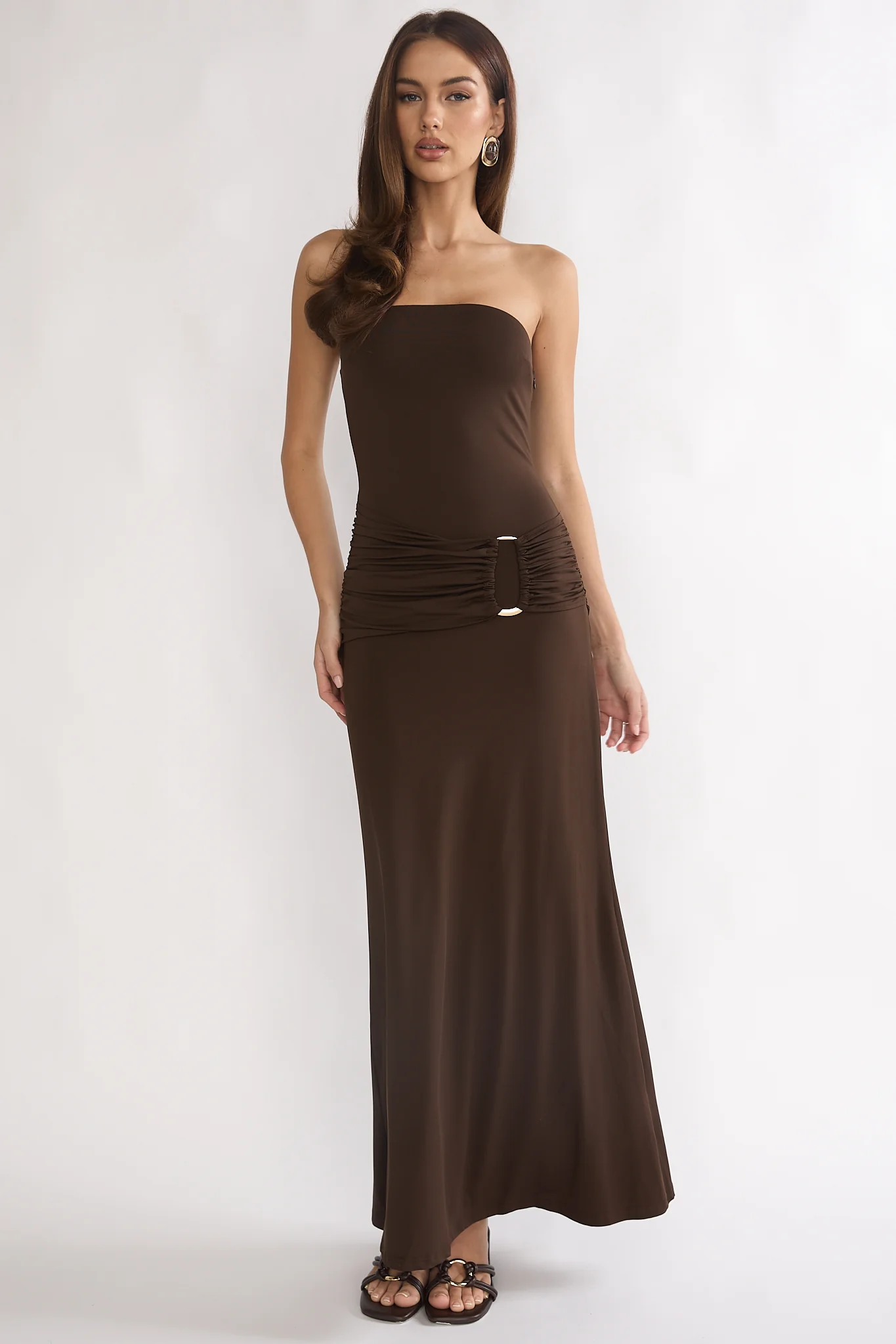 Klaudia Strapless Ruched Waist Maxi Dress Chocolate - Image 5
