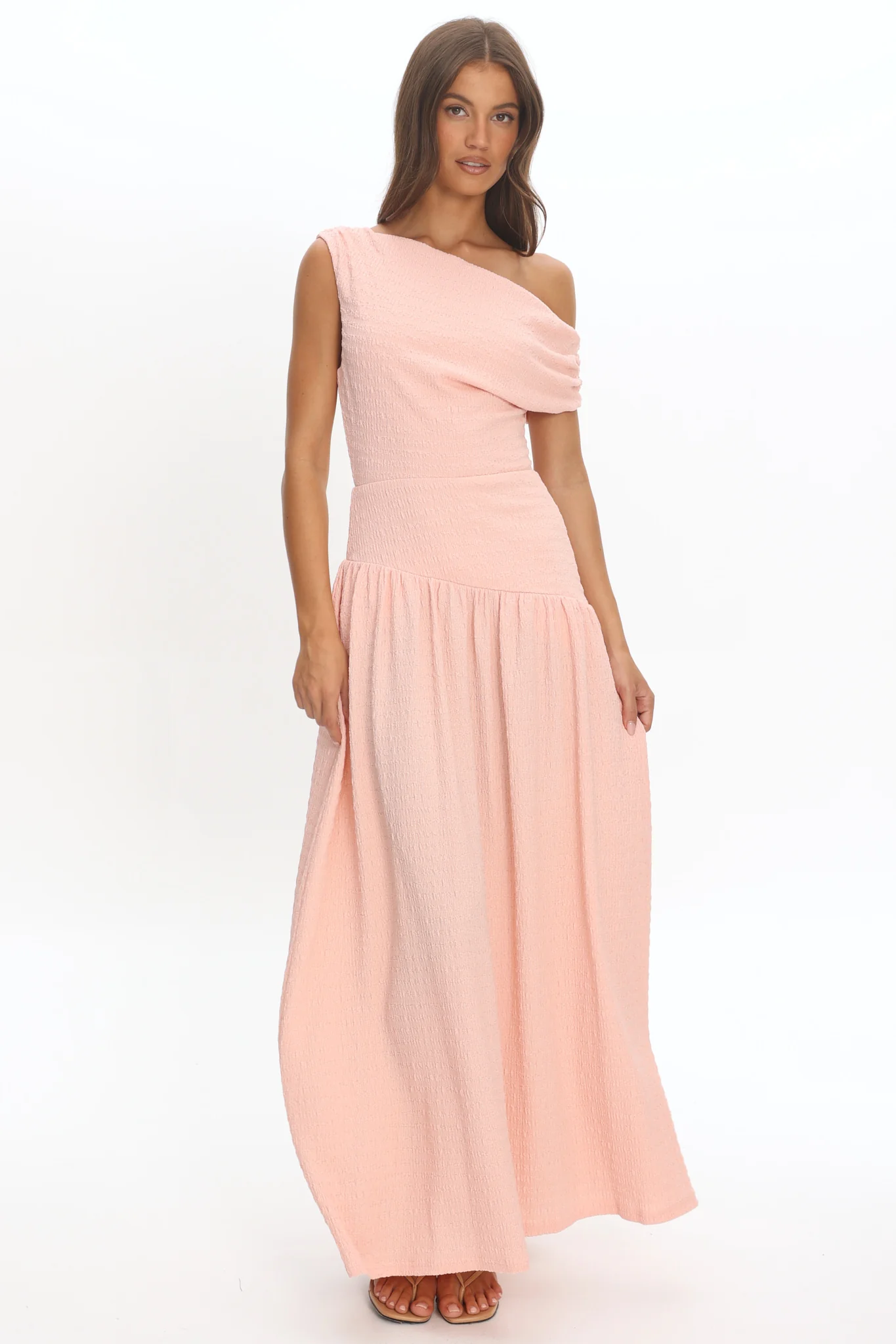 Kloe Asymmetric Shoulder Textured Maxi Dress Peach - Image 2