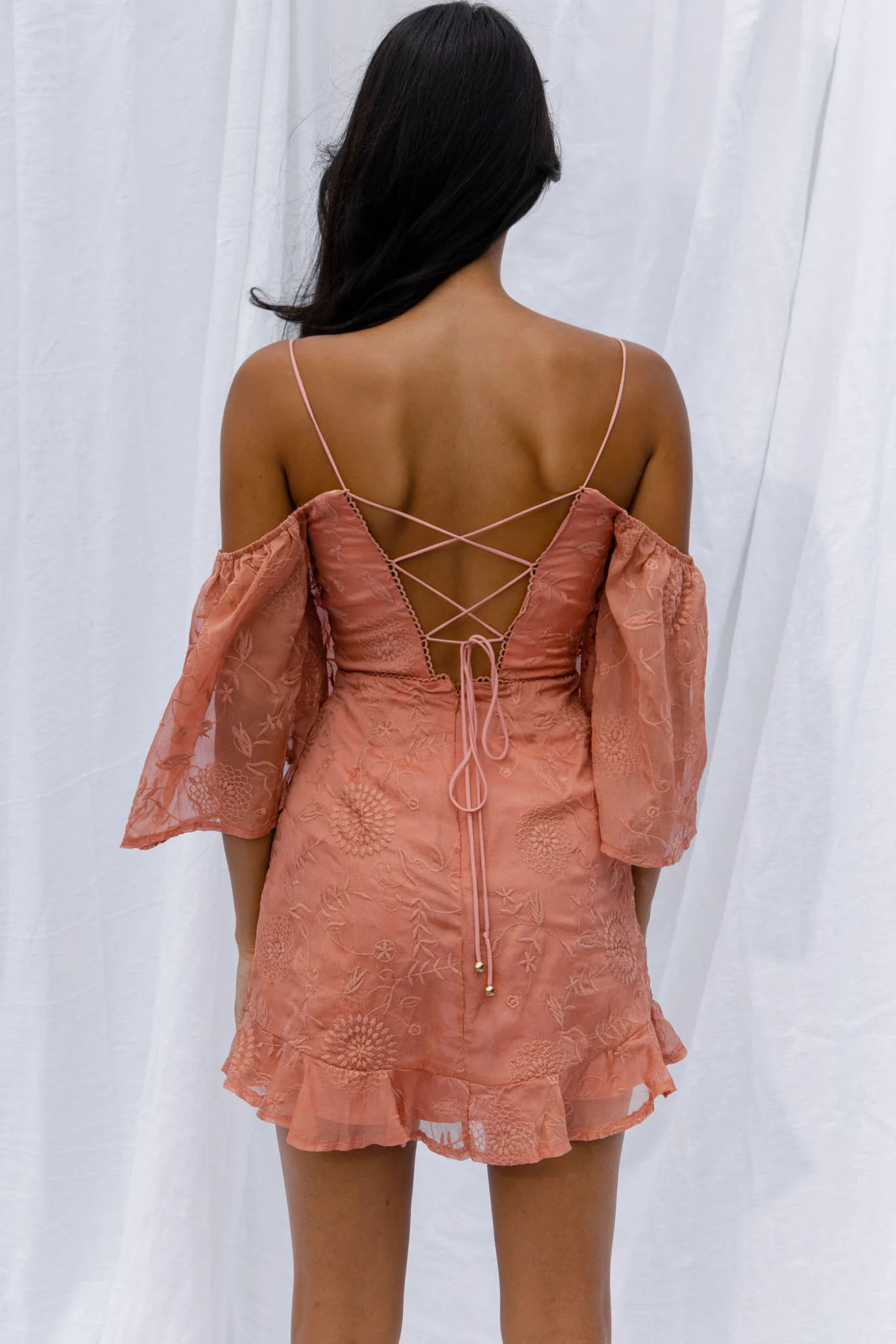 Koda Bell Sleeve Lace-Up Back Mini Dress Peach - Image 2
