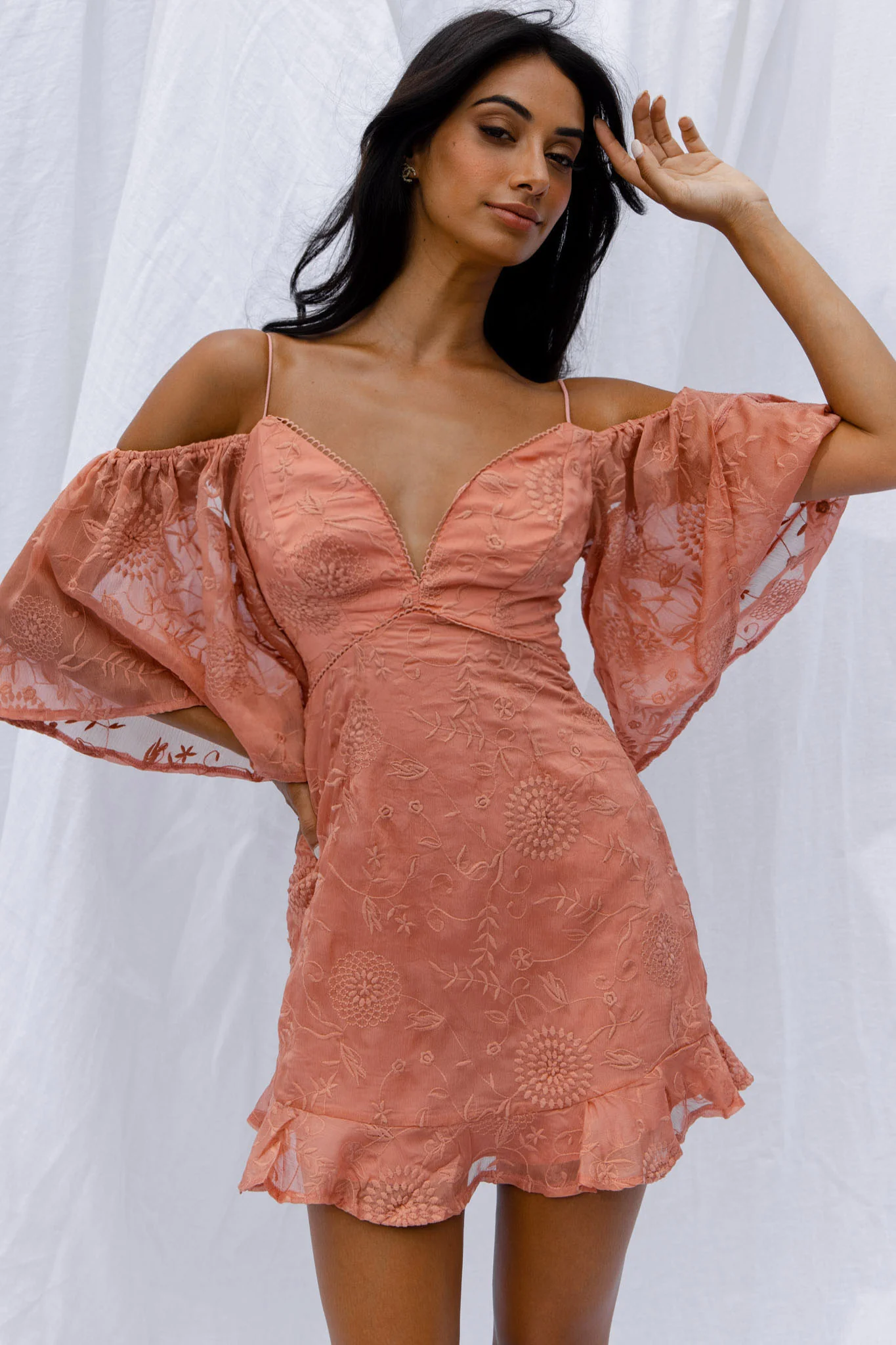 Koda Bell Sleeve Lace-Up Back Mini Dress Peach - Image 4