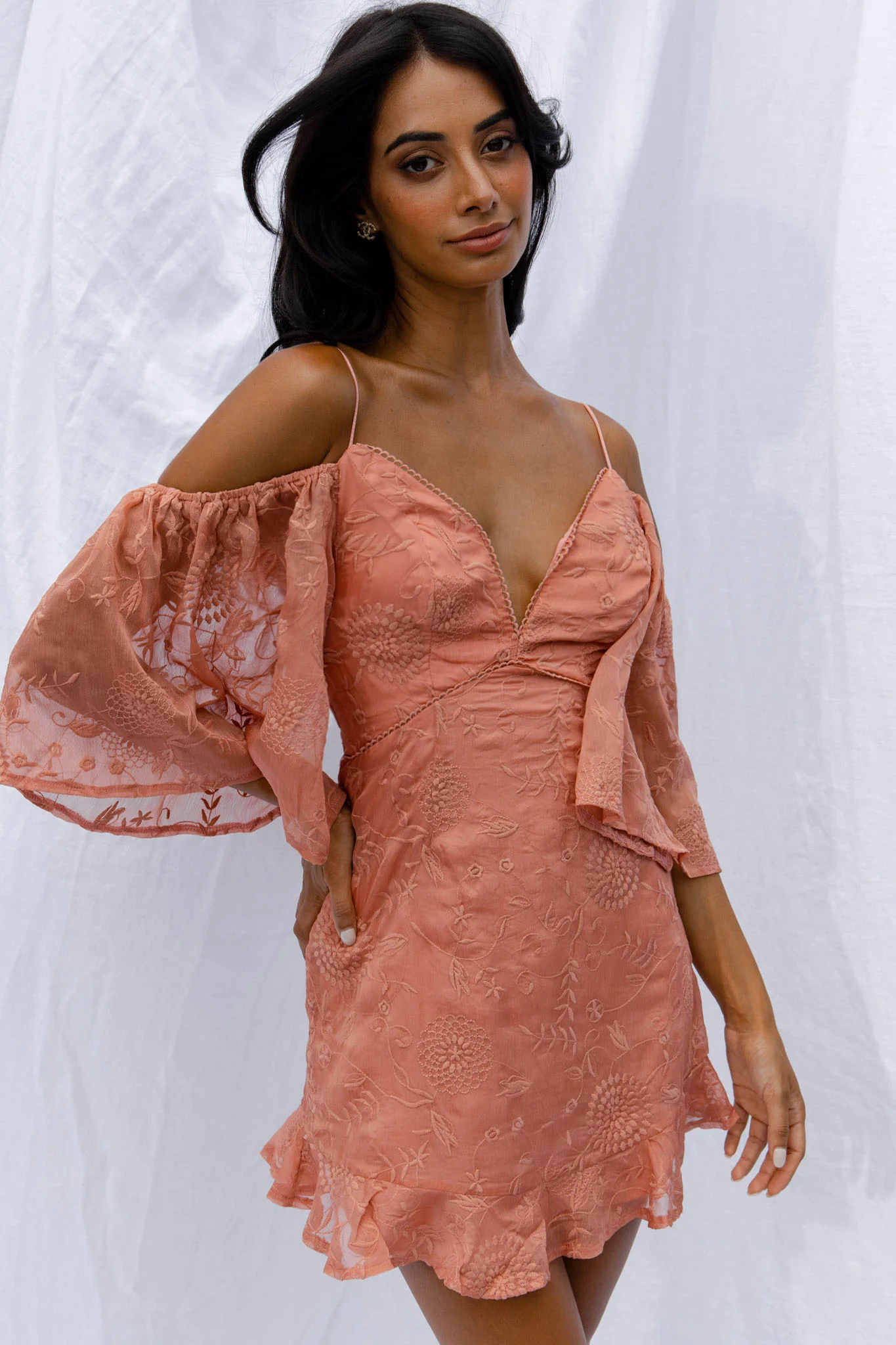 Koda Bell Sleeve Lace-Up Back Mini Dress Peach - Image 7