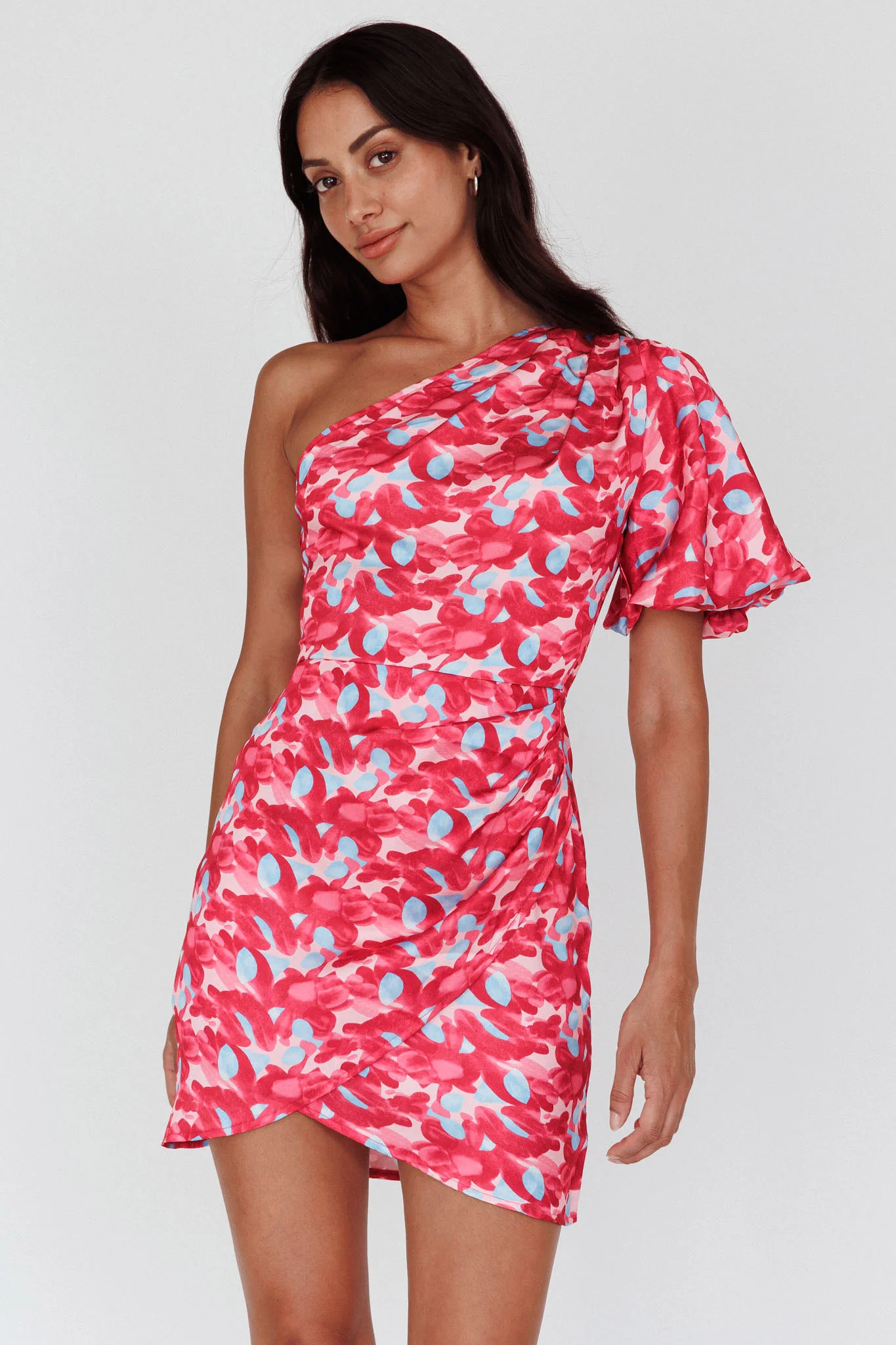 Krishna One-Shoulder Puff Sleeve Mini Dress Pink - Image 2