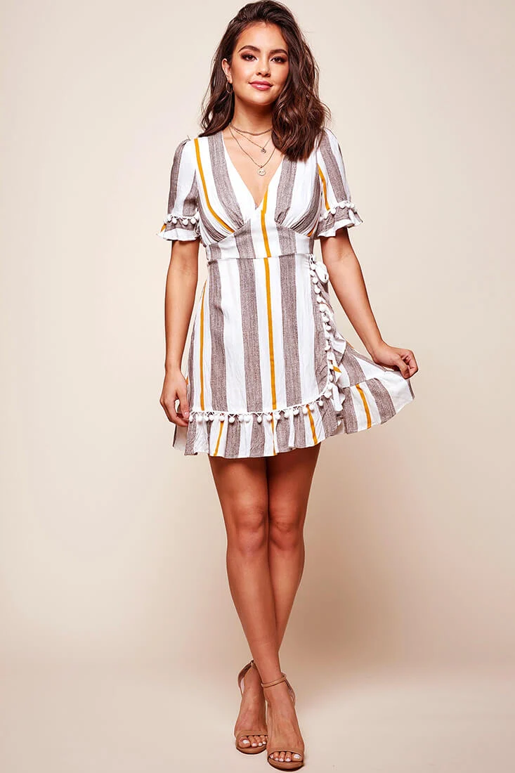 Kristen-Lee Striped Waist Tie Dress Beige & Mustard - Image 2