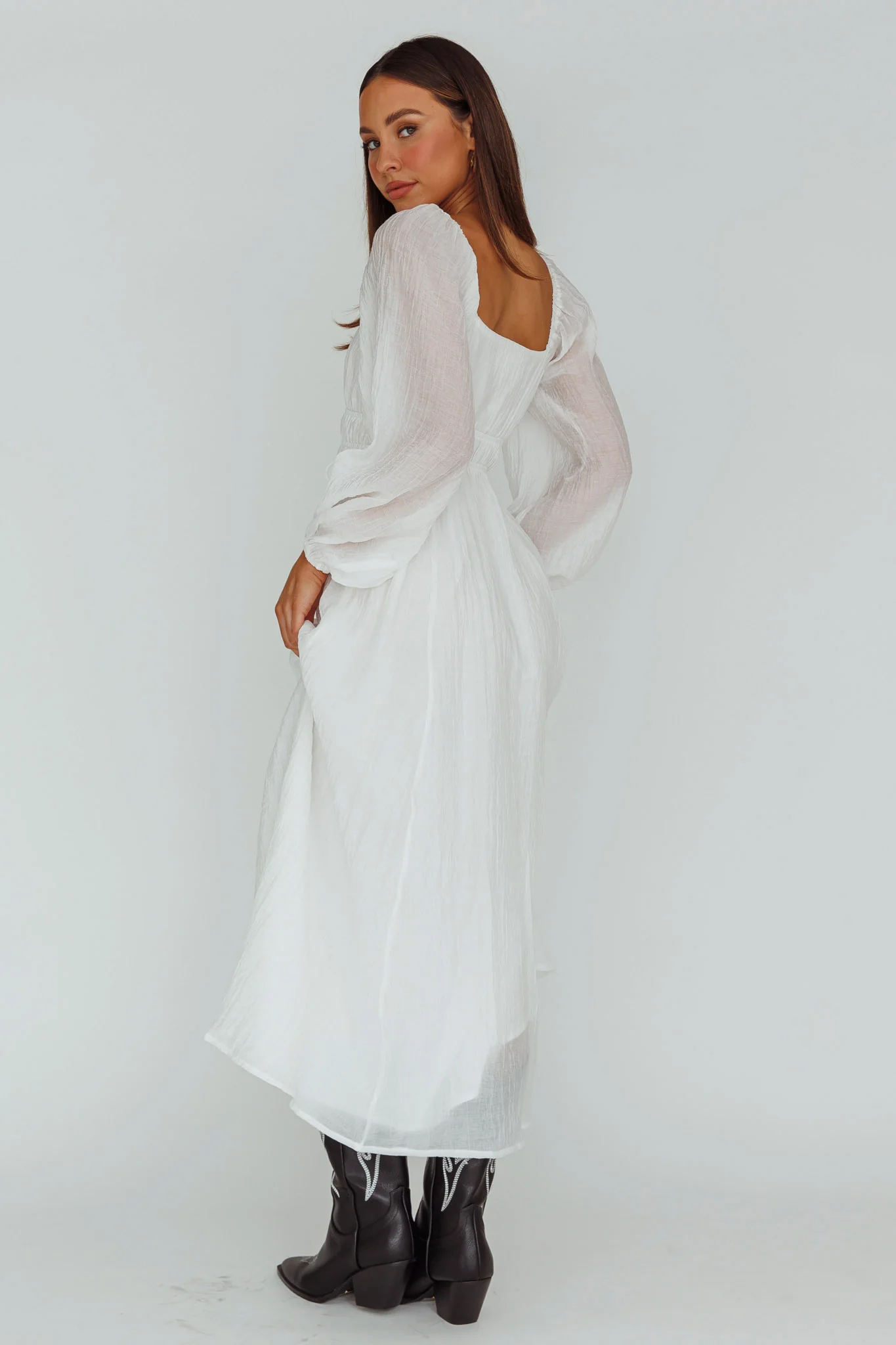 Kylin Balloon Sleeve Tied Bust Maxi Dress White - Image 2