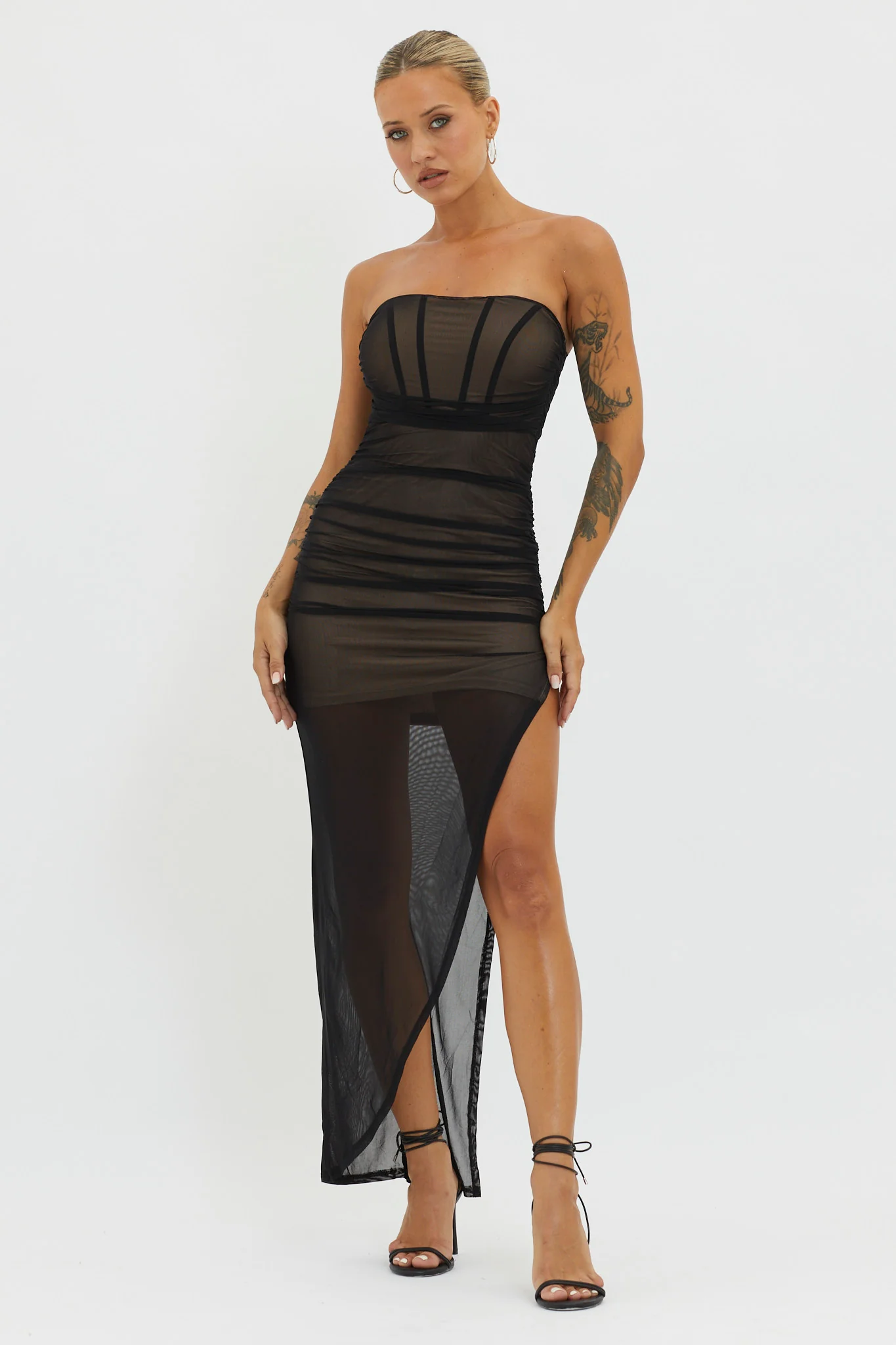 LA Nights Strapless Sheer Midi Dress Black/Nude - Image 2