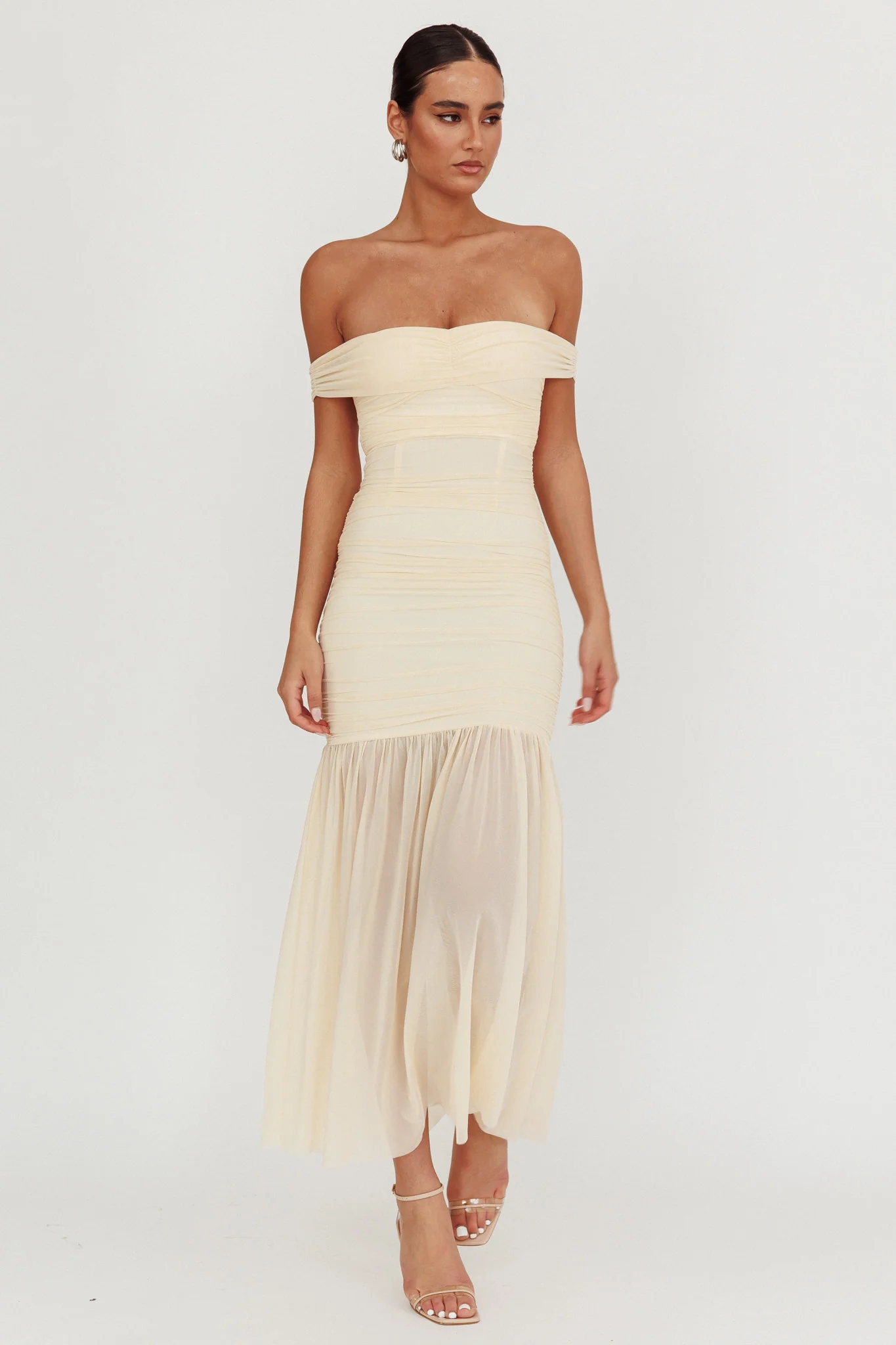 La Salle Off Shoulder Mesh Maxi Dress Ivory - Image 5
