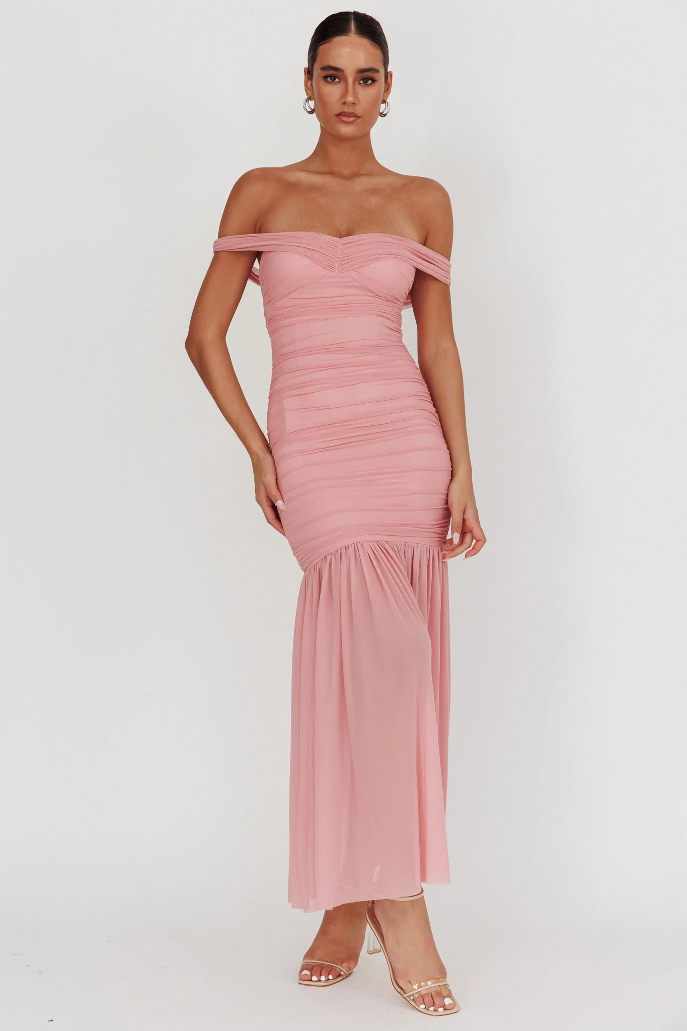 La Salle Off Shoulder Mesh Maxi Dress Pink - Image 3