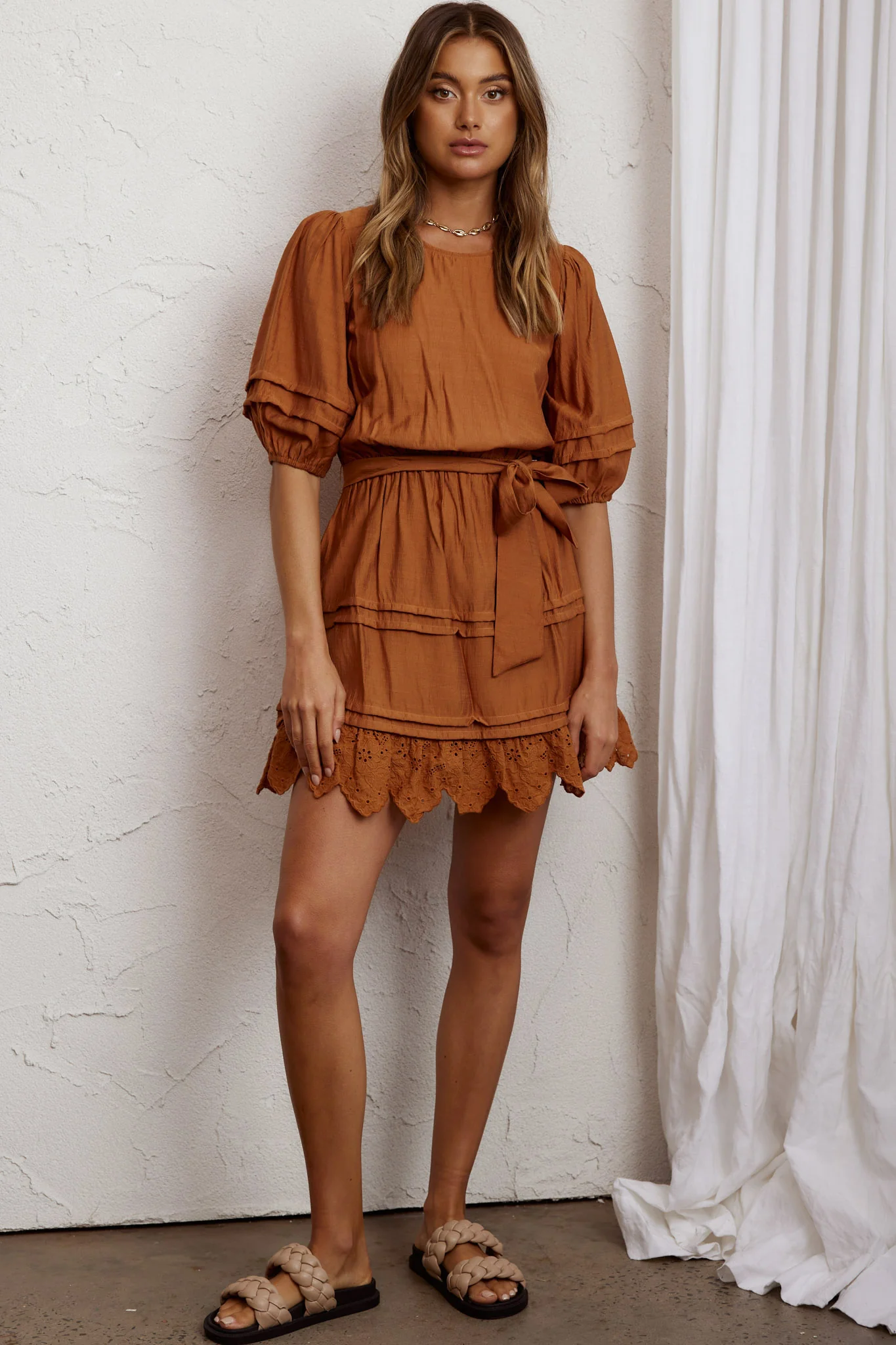 Laiken Waist Tie Pintuck Dress Tan - Image 6