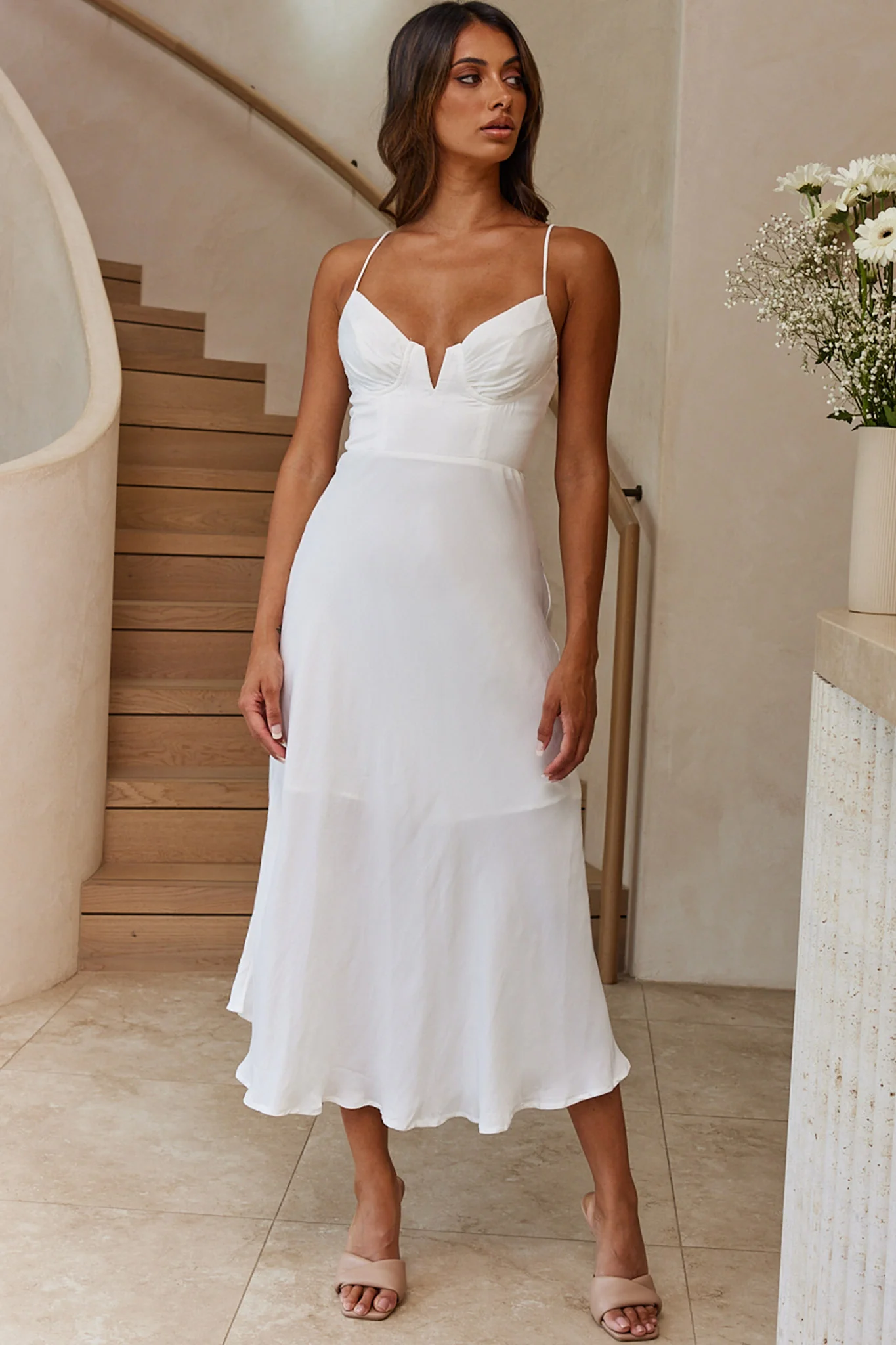 Lake Como Fitted Bodice Cami Strap Midi Dress White - Image 3