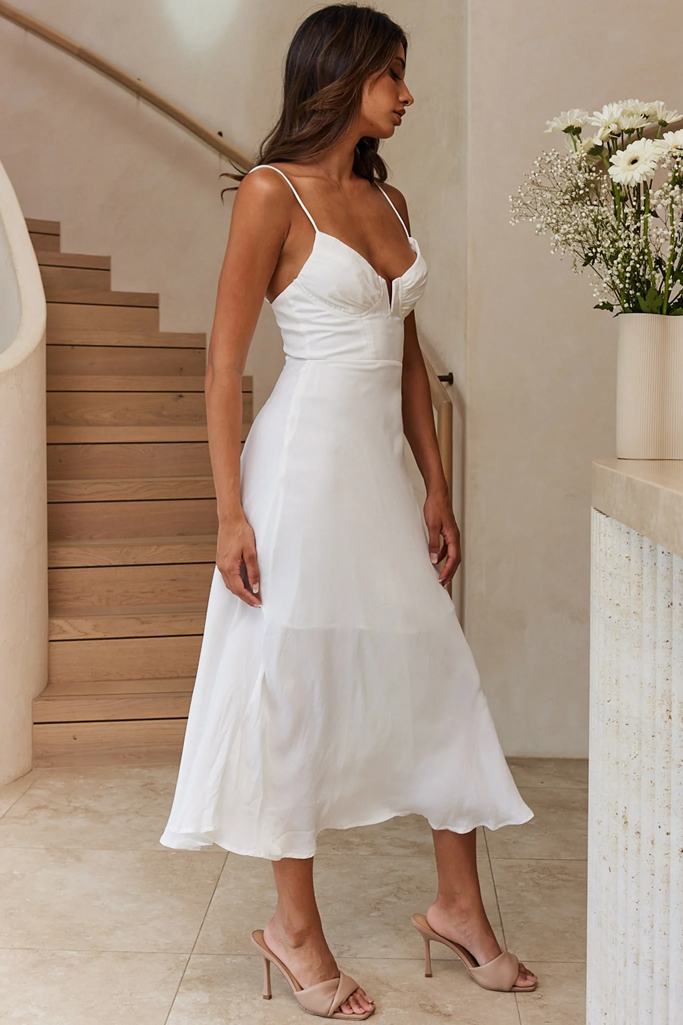 Lake Como Fitted Bodice Cami Strap Midi Dress White - Image 4