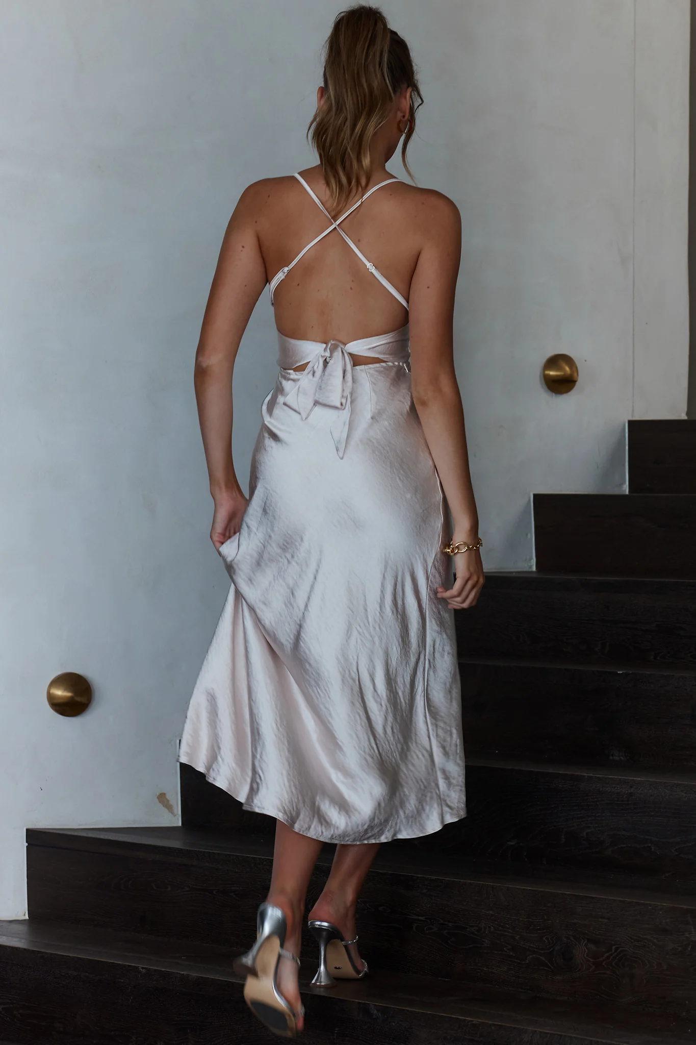 Lakoda Gathered Bust Bow Tie Back Midi Dress Champagne - Image 2