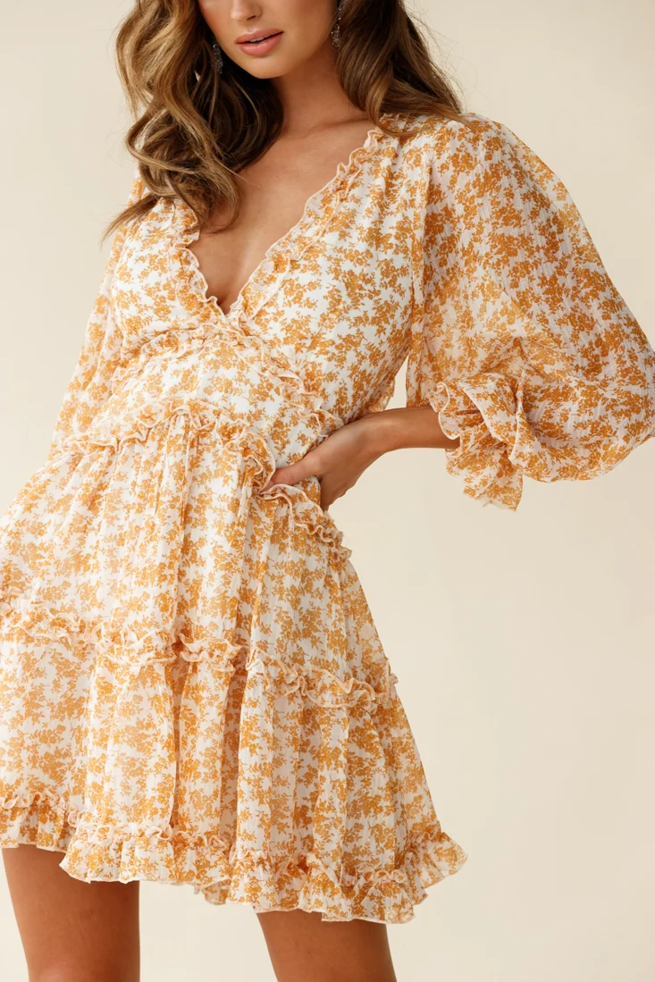 Laney Cutout Back Balloon Sleeve Dress Floral Print Mustard - Image 4