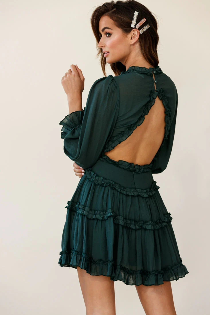 Laney Cutout Back Balloon Sleeve Dress Green - Image 2